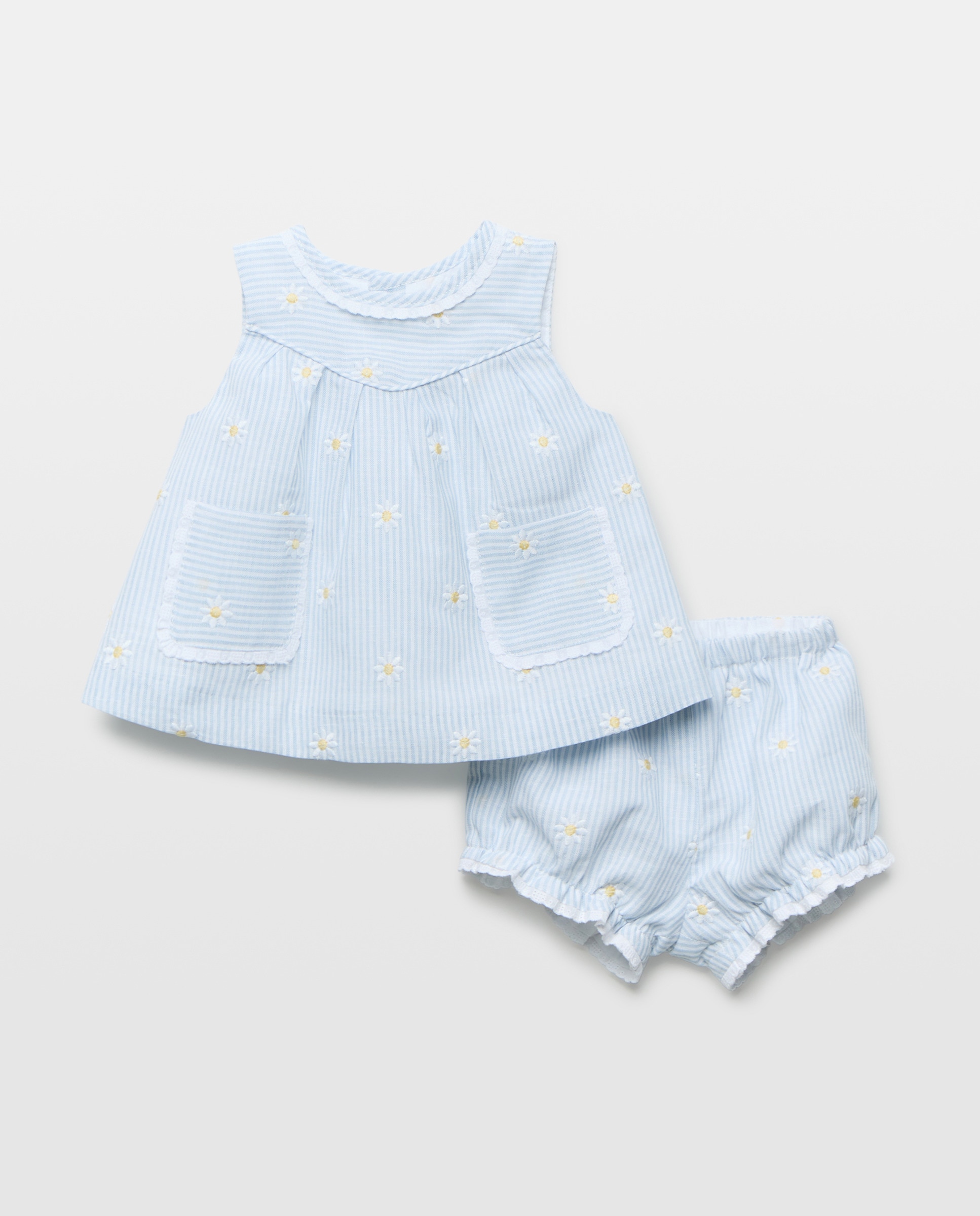 Imagem 0 de Vestido sem Mangas de Bebé com Bolsos de Mini Risca e Bordado de Malmequer