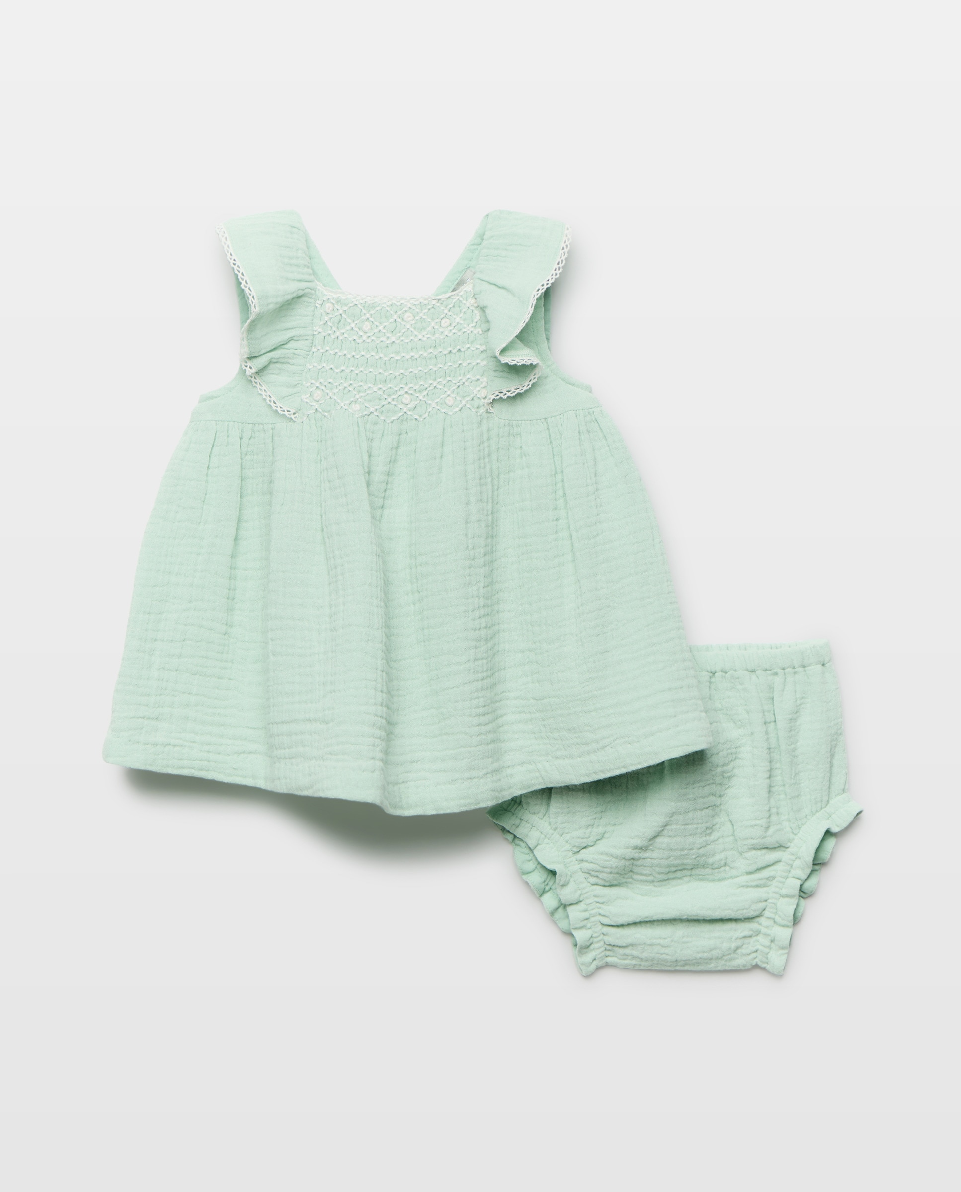 Vestido de Bebé sem Mangas e com Favos de Mel e Gola com Folho ...