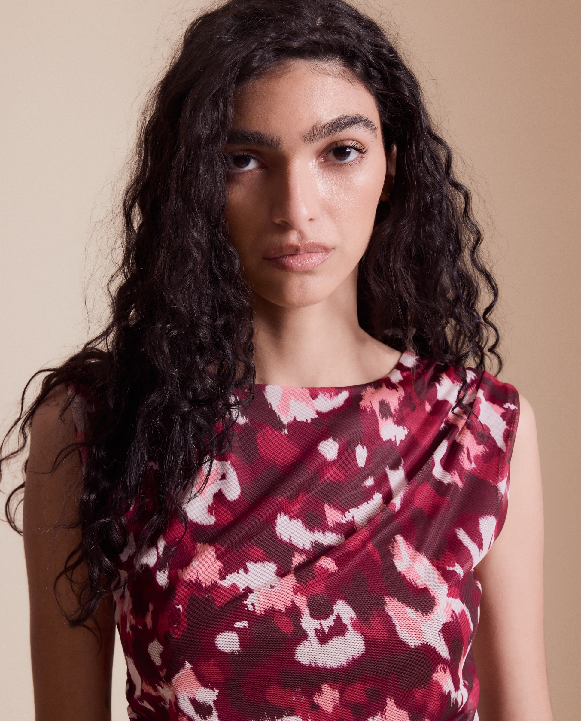 T-shirt de Tule Estampado com Franzidos Vermelho-3