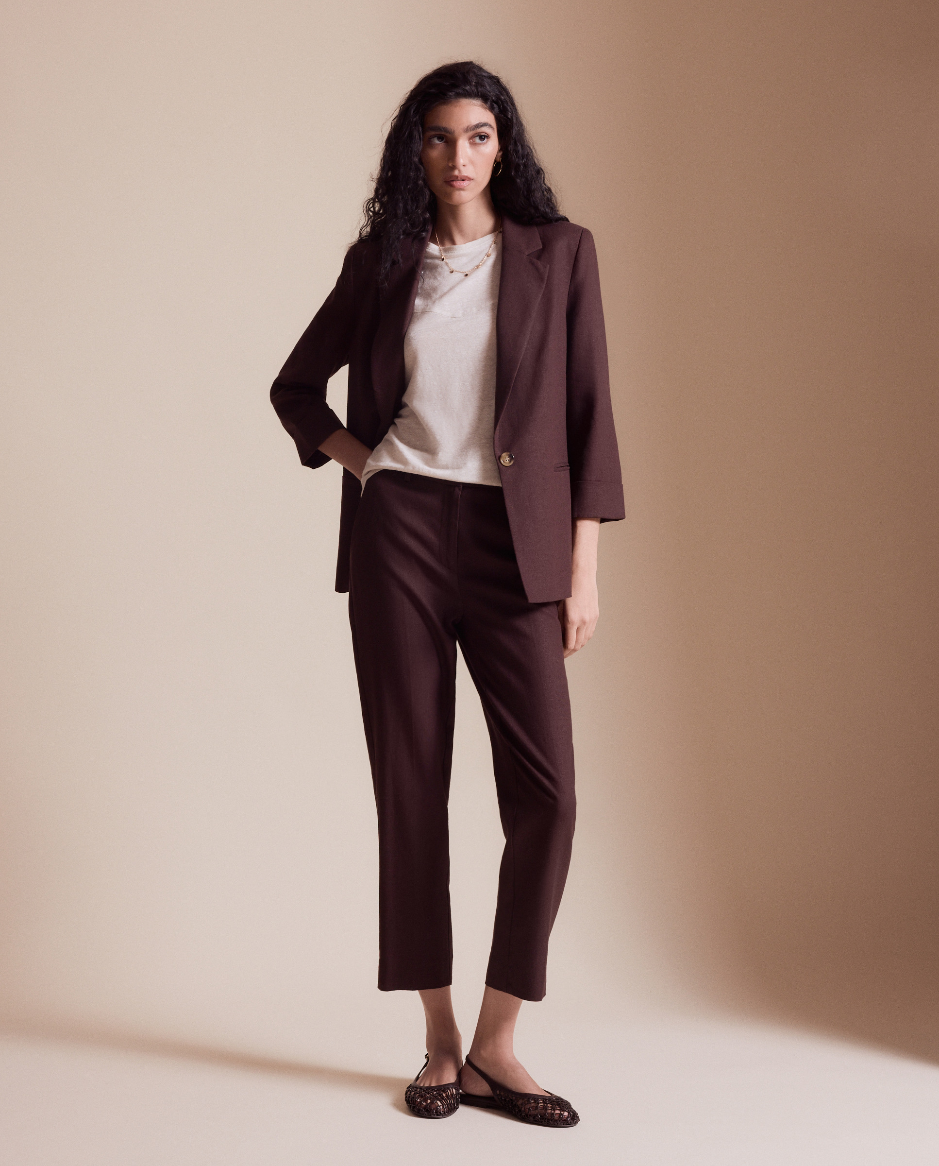 Blazer de Linho com Punho com Dobra Chocolate-3