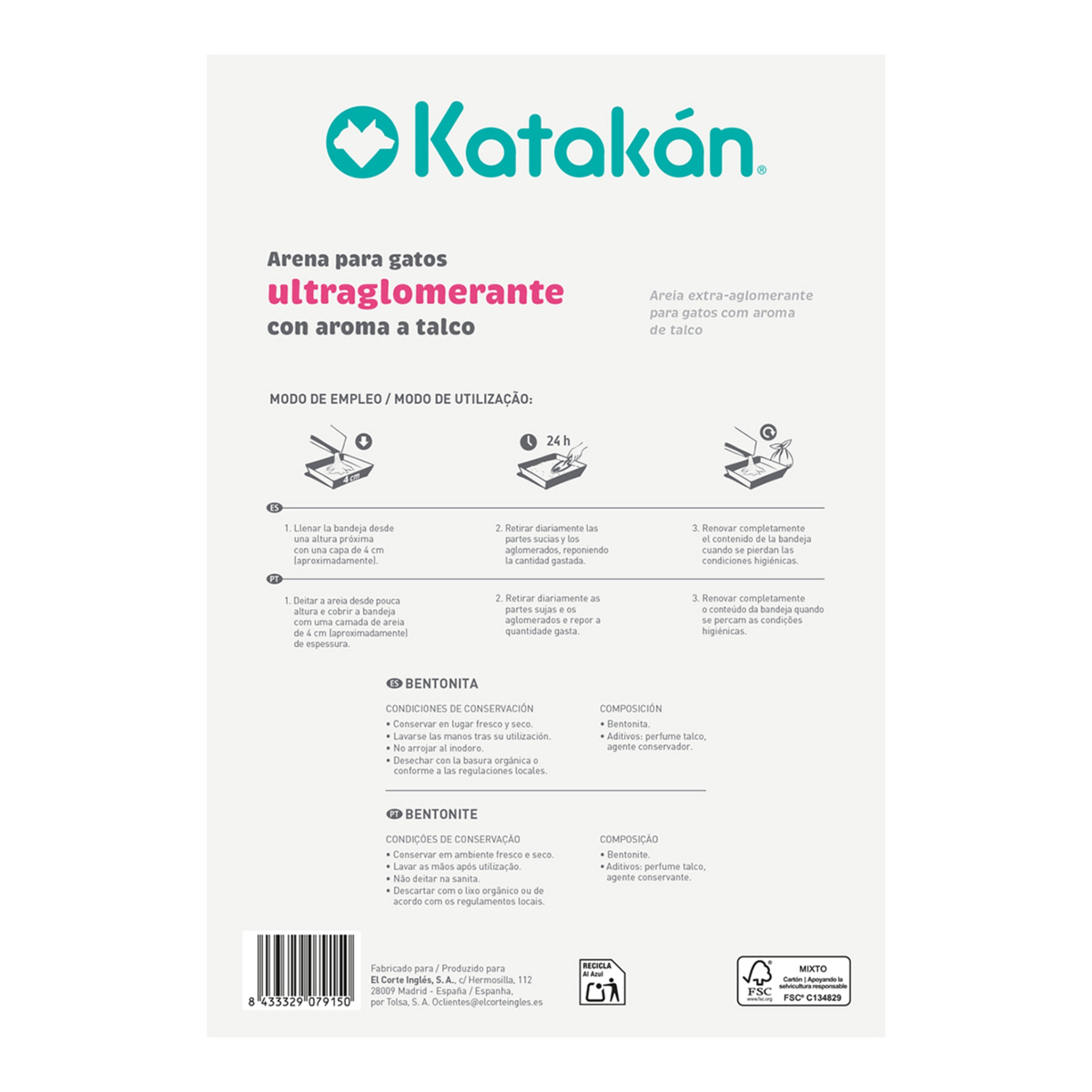 Arena ultra aglomerante Katakán para gatos perfume talco Gris-2