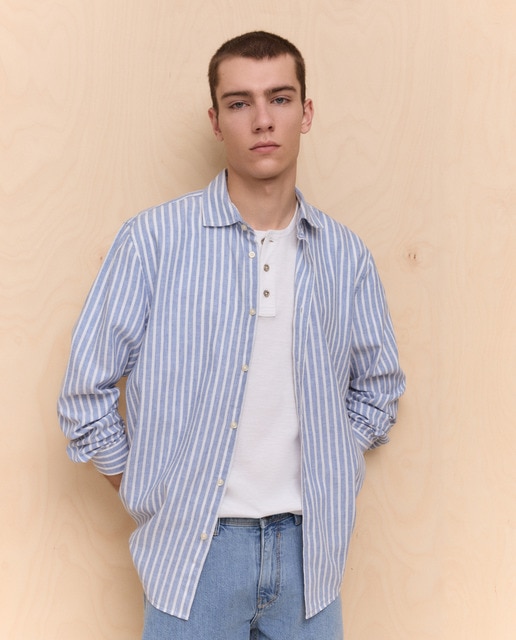 Imagem 0 de Camisa de Linho e Algodão às Riscas com Manga Comprida