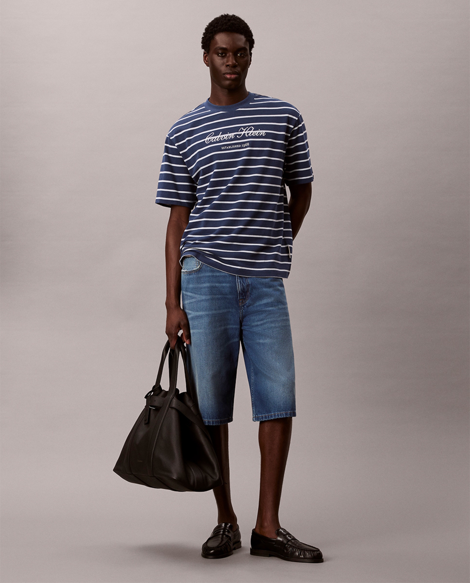 T-shirt Relaxed Fit às Riscas Azul-marinho-6