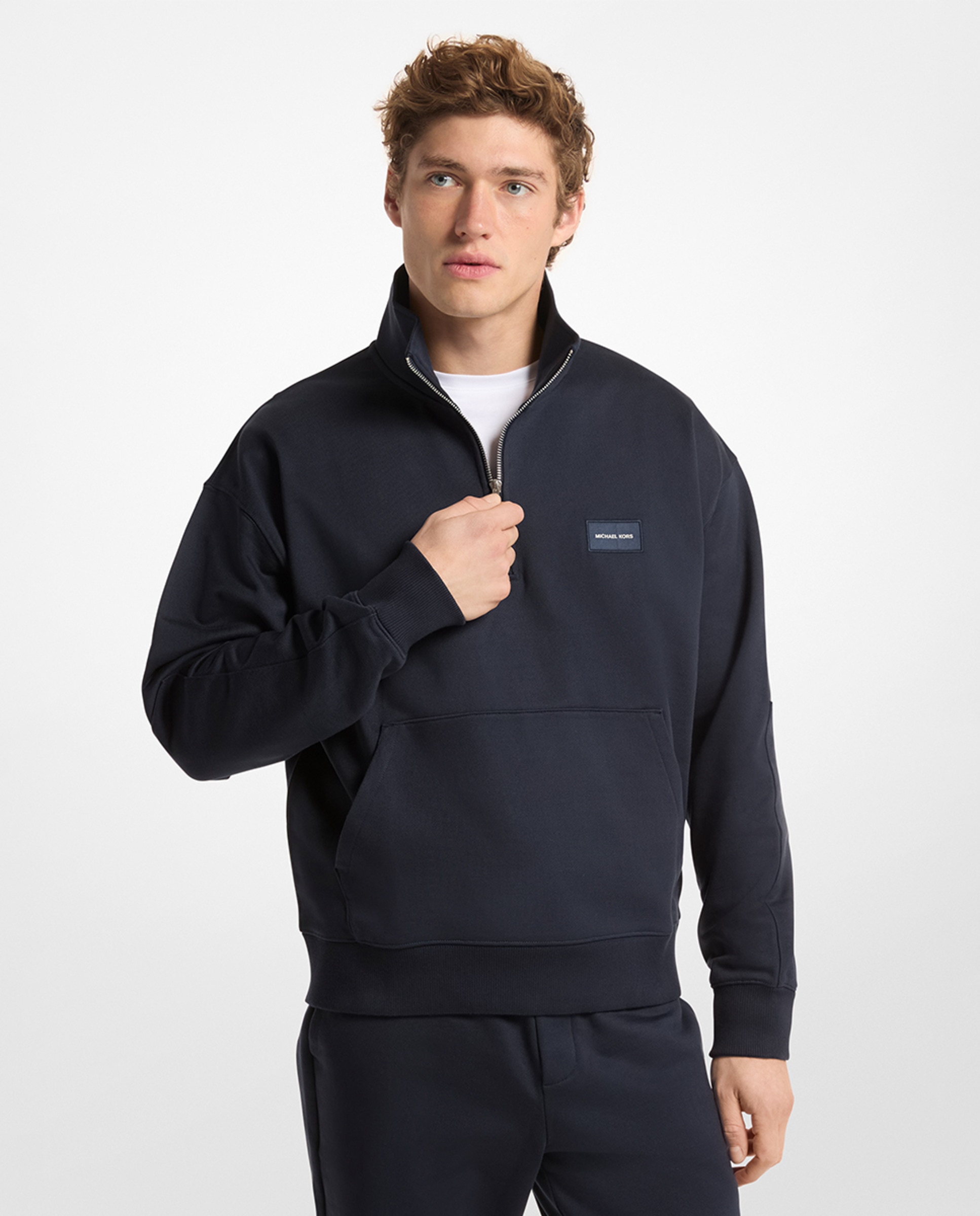 Sweatshirt de Algodão com Meio Fecho de Correr Azul-marinho-1