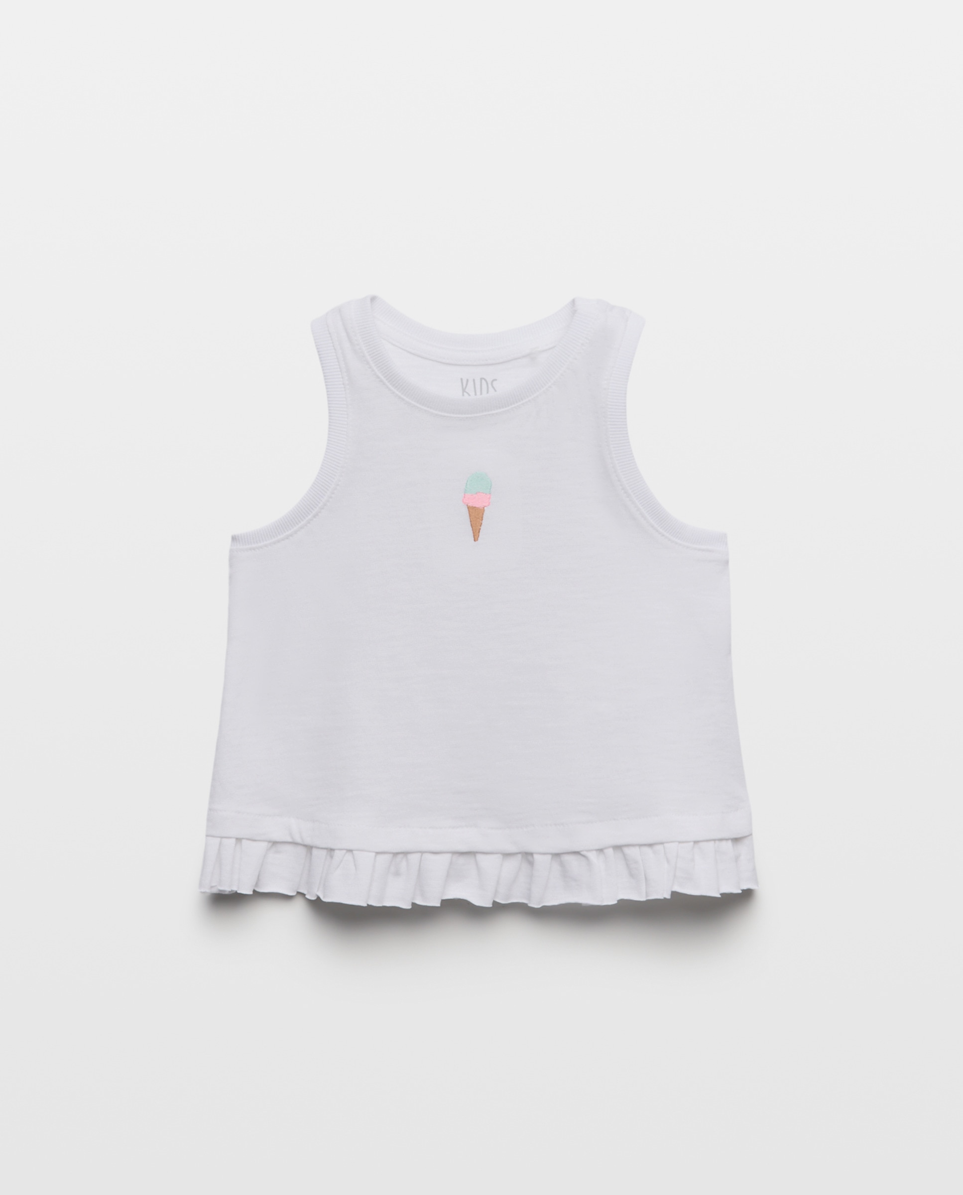 Imagem 0 de T-shirt de Alças com Folhos na Parte Inferior e Pequeno Bordado no Centro