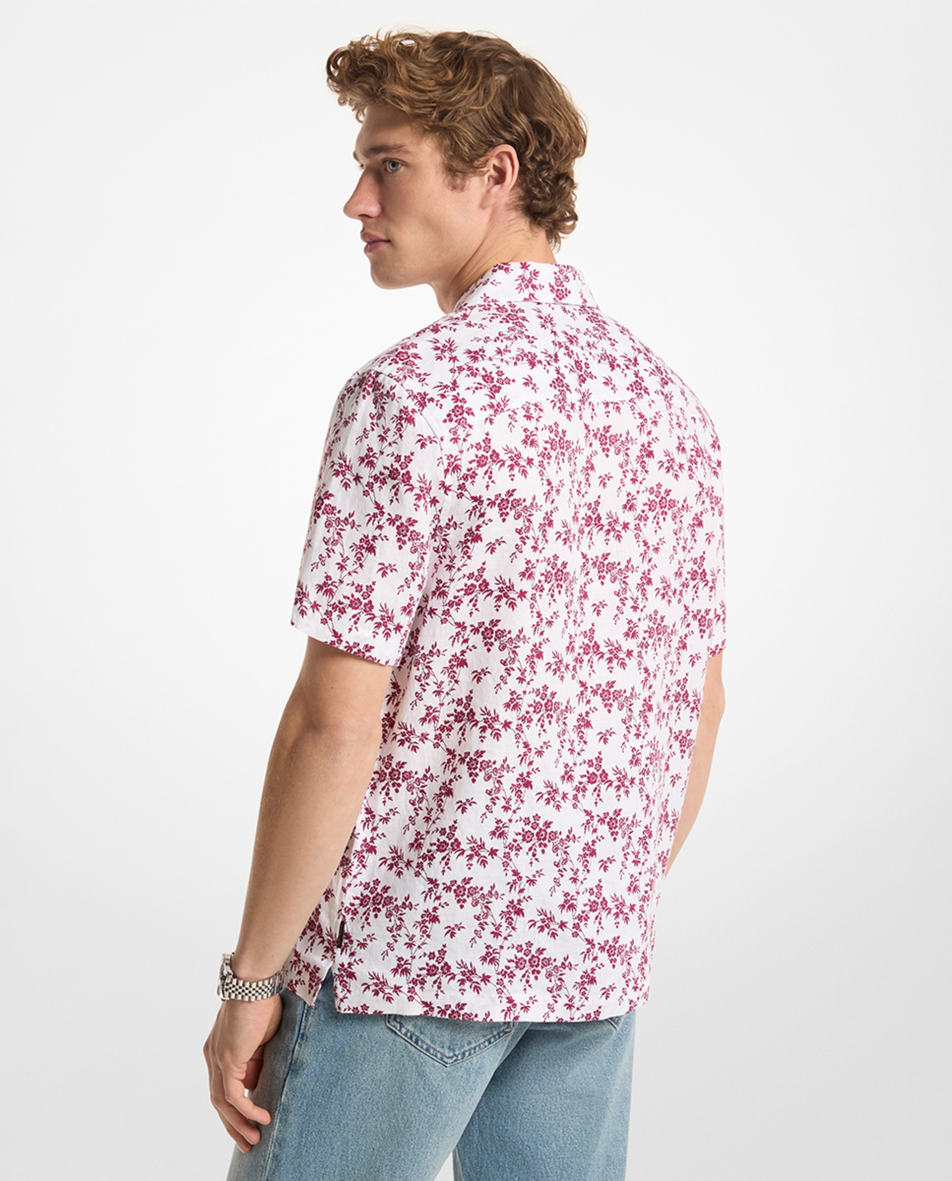 Camisa de Linho com Manga Curta e Estampado Floral Branco-2