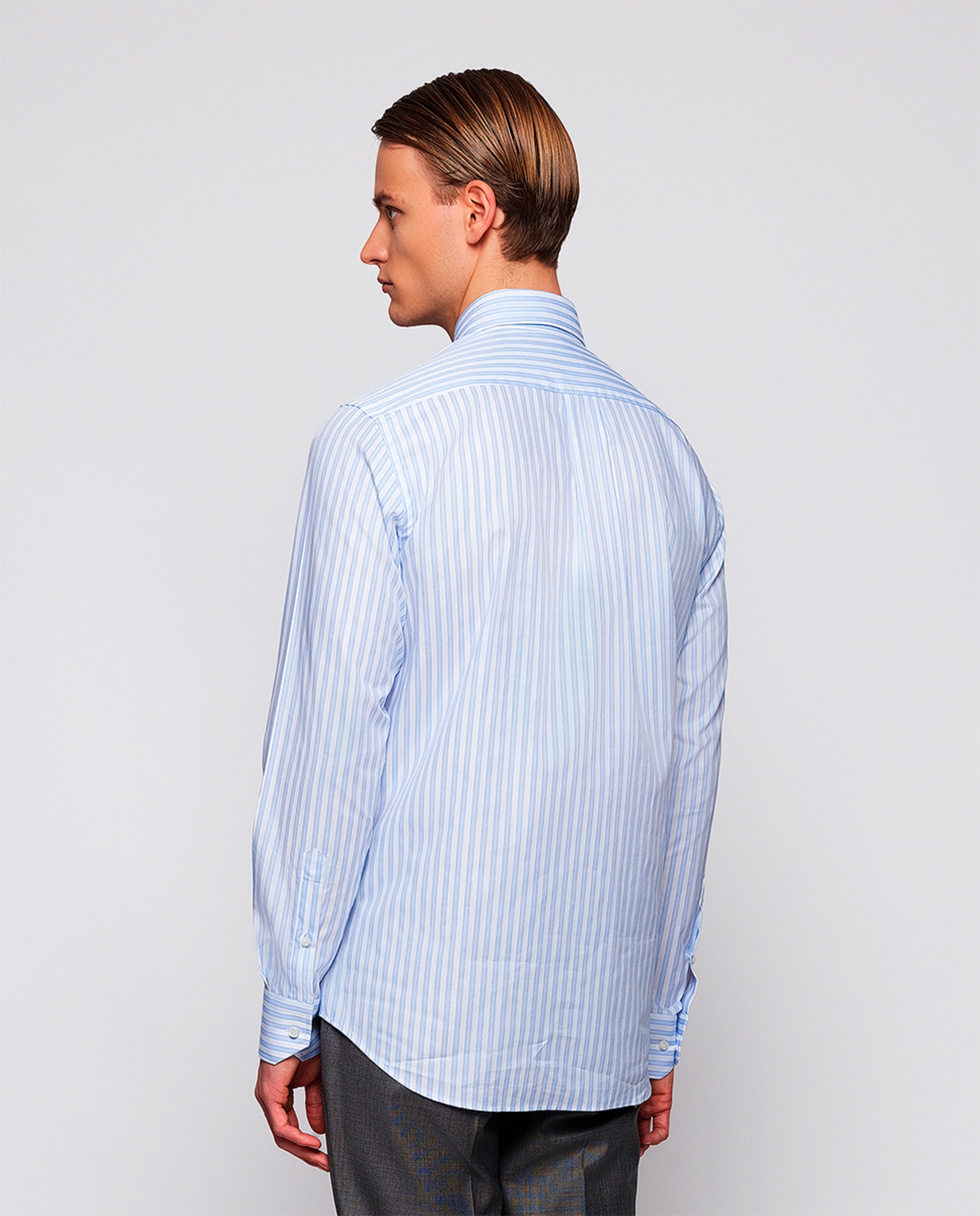 Camisa Clássica às Riscas com Colarinho com Botões Azul-claro-2