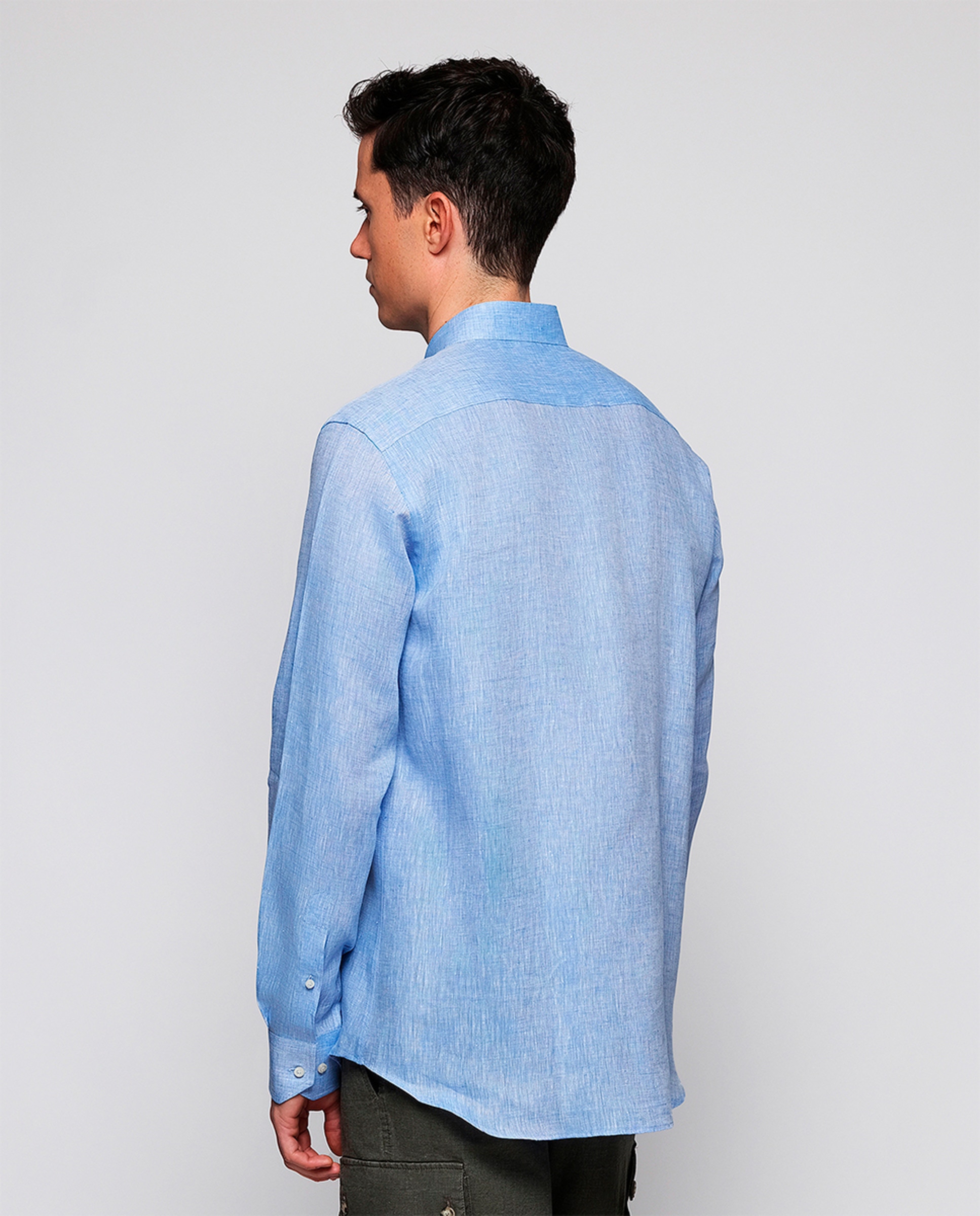 Camisa Casual de Manga Comprida às Riscas com Gola à Padre Azul-2