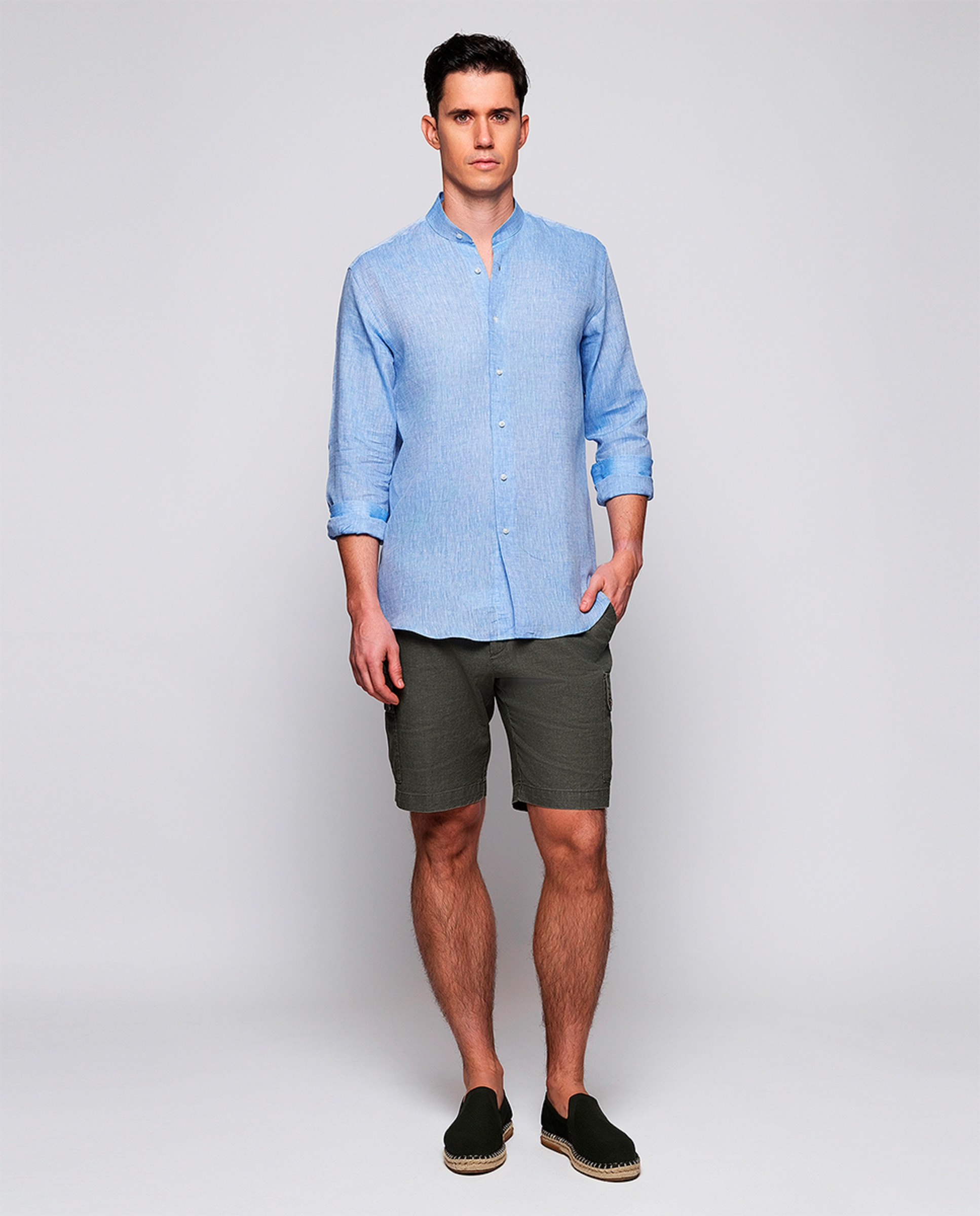 Camisa Casual de Manga Comprida às Riscas com Gola à Padre Azul-5