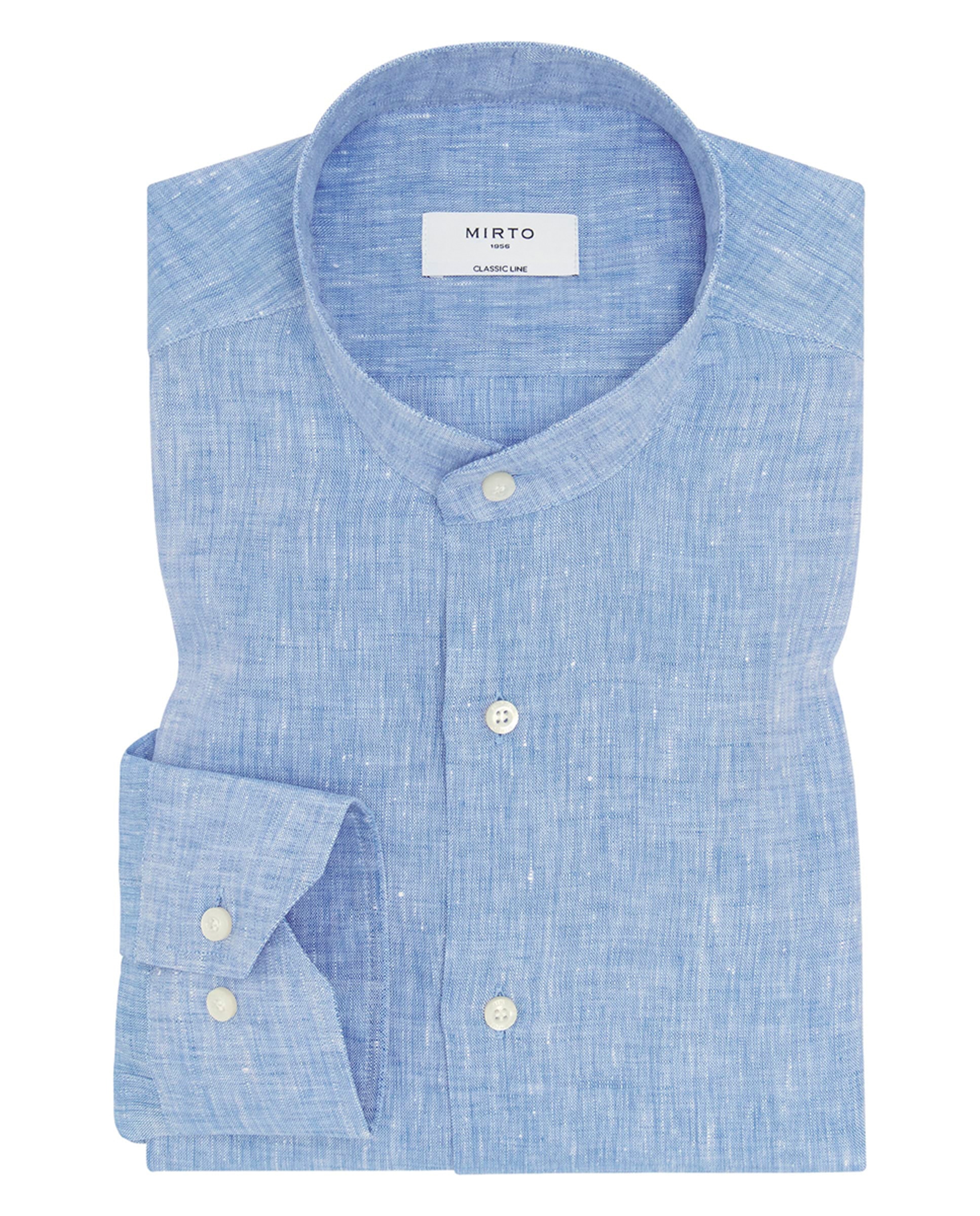 Camisa Casual de Manga Comprida às Riscas com Gola à Padre Azul-3