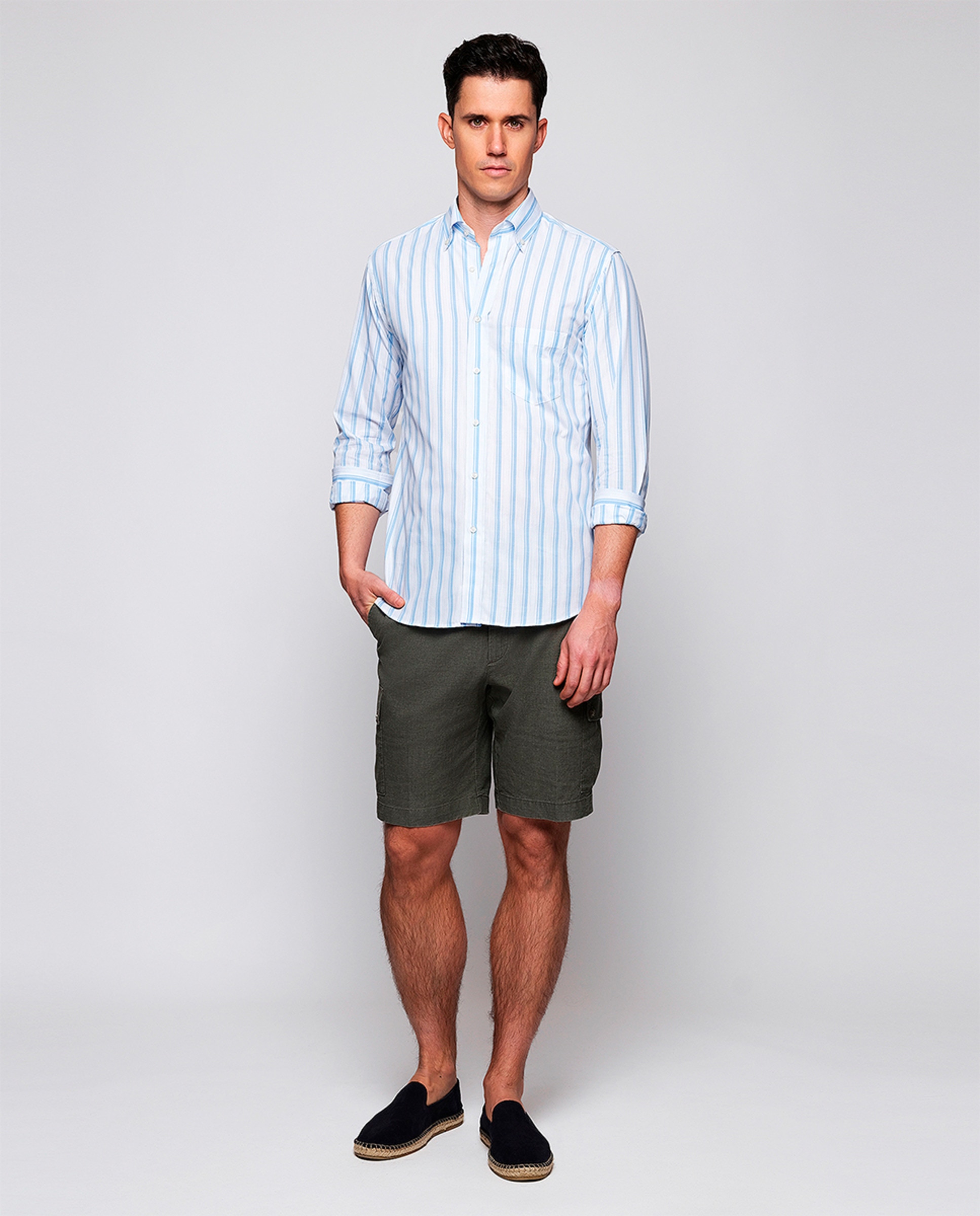 Camisa Casual às Riscas com Manga Comprida Azul-claro-5