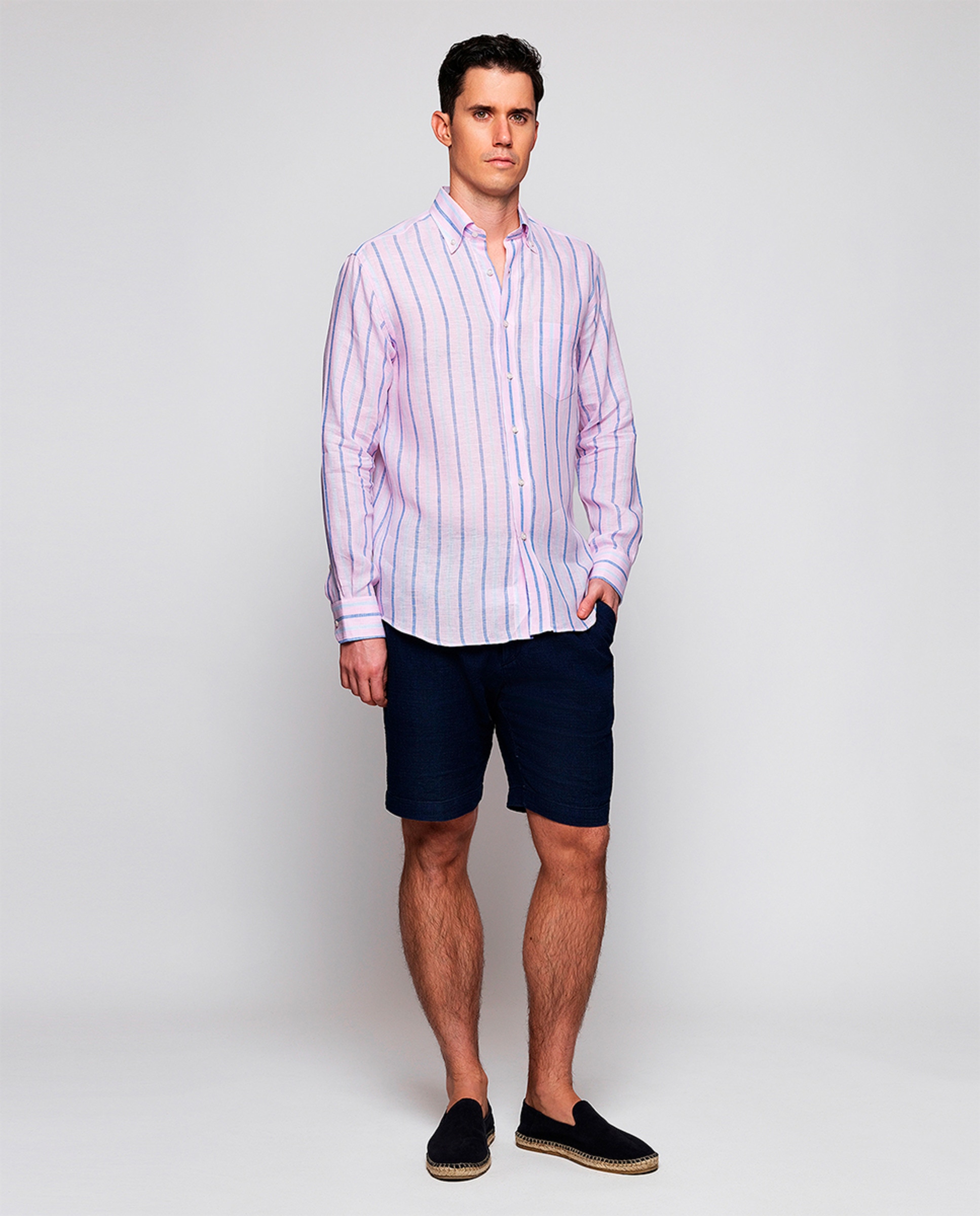 Camisa Casual às Riscas com Manga Comprida Rosa-5