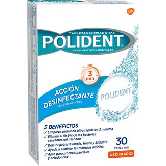 tabletas limpiadoras para prótesis dentales acción desinfectante con oxígeno activo caja 30 unidades uso diario - Polident
