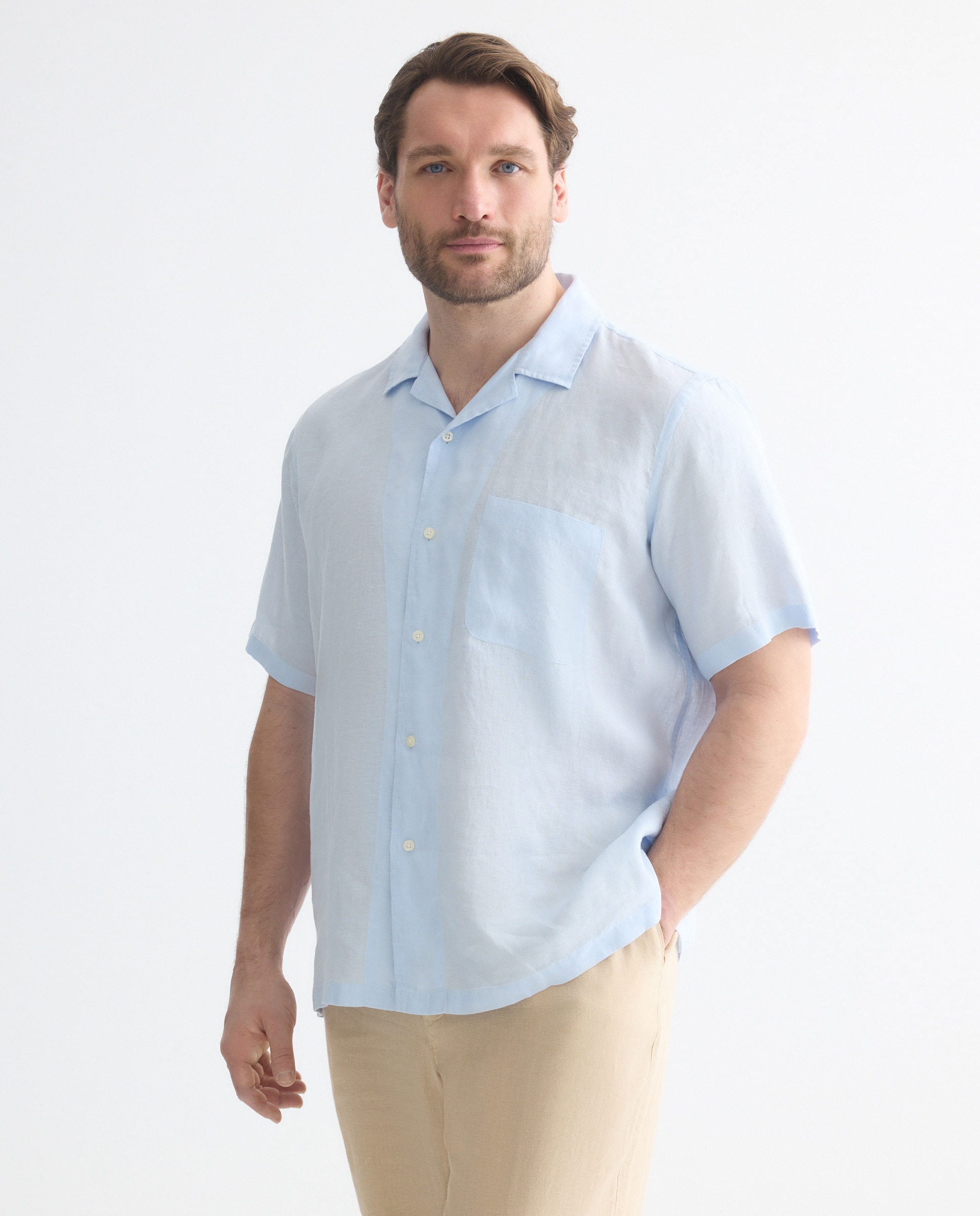 Camisa de Linho com Manga Curta Tamanhos Grandes Azul-1