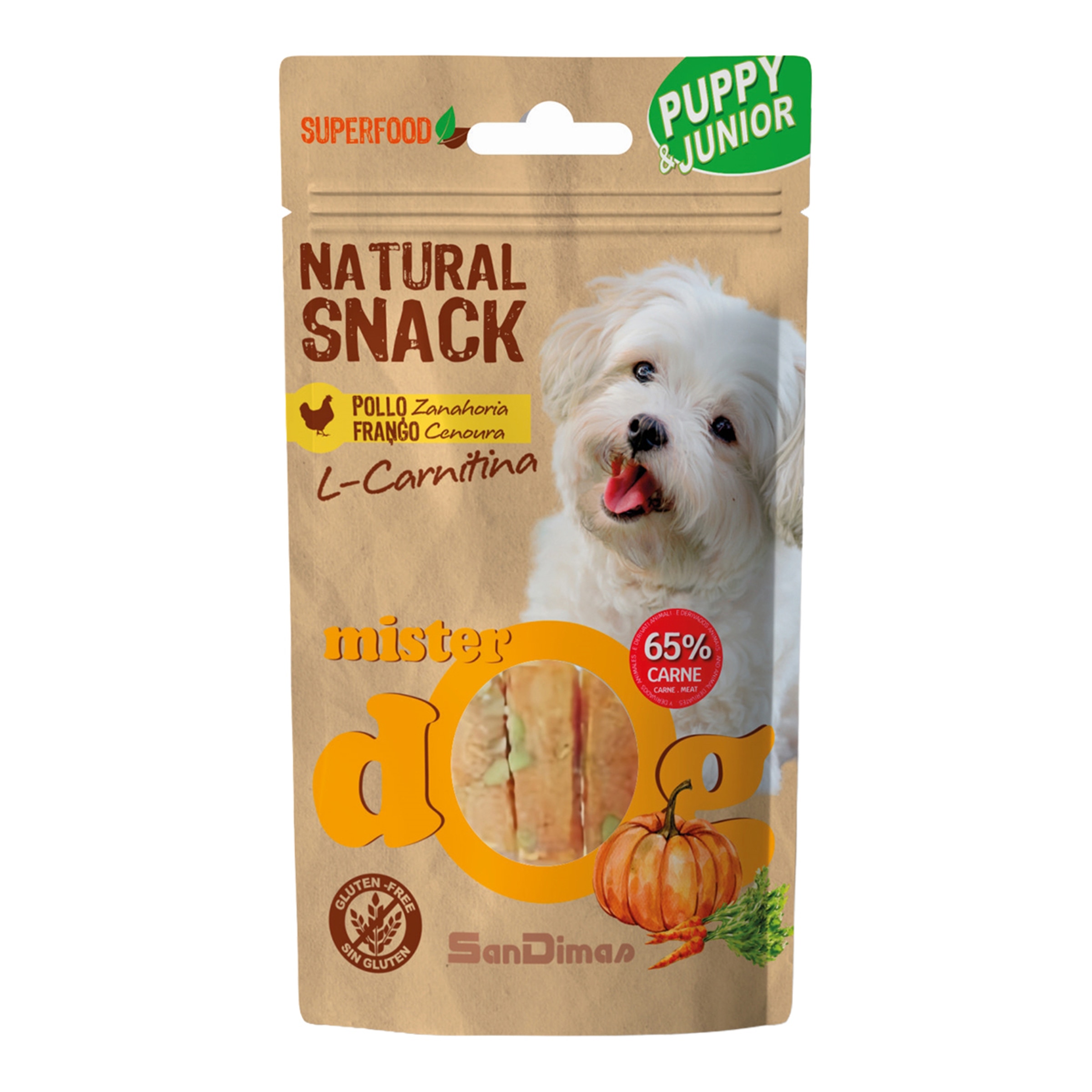 Imagen 0 de Snack para perros cachorros y junior Mister Dog pollo con zanahoria 70 g