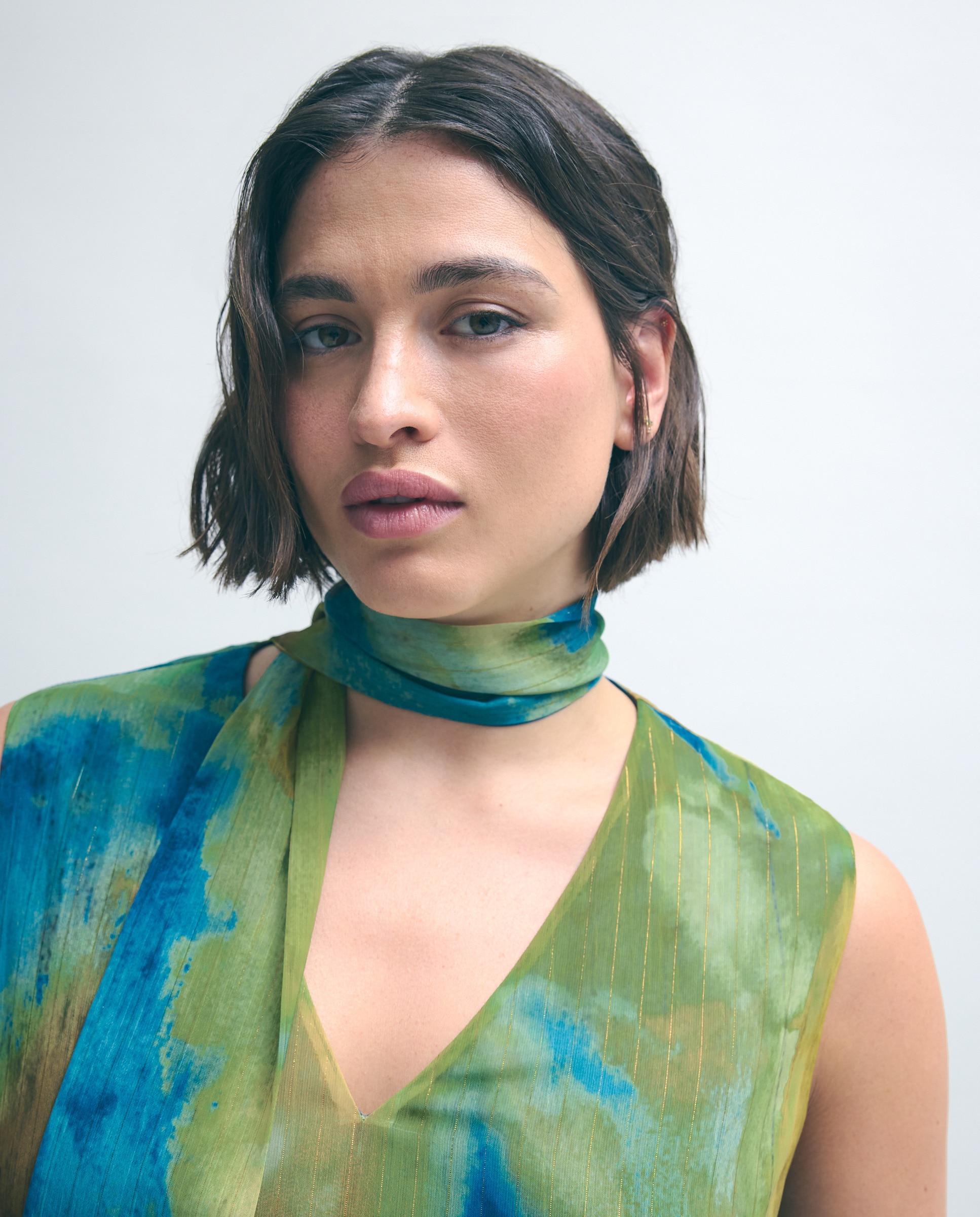 Vestido Halter de Chiffon sem Mangas e com Estampado Abstrato Verde-3