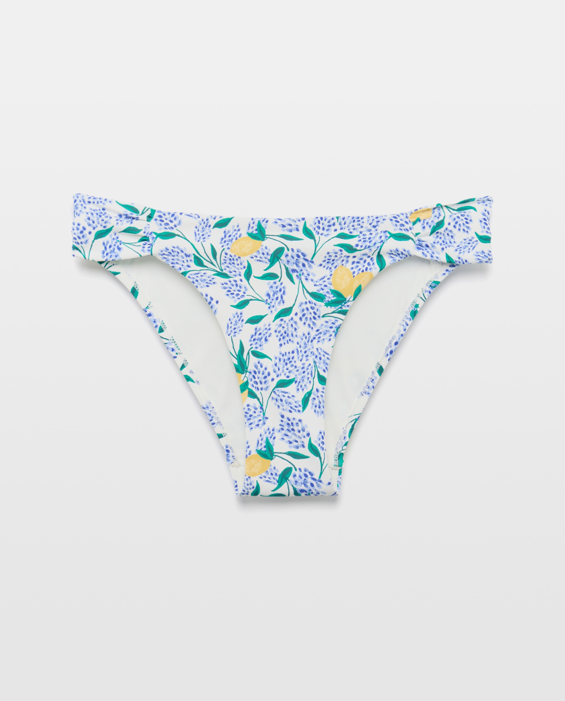 Cueca de Biquíni Rouched com Estampado de Limões Branco-4