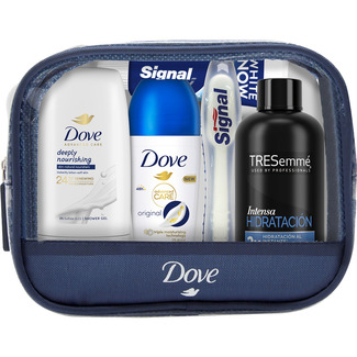 neceser con gel de ducha hidratación profunda 55 ml + antitranspirante en roll on 50 ml + champú T hidratación intensa 100 ml + dentrífico Signal 14 ml y cepillo dental - Dove