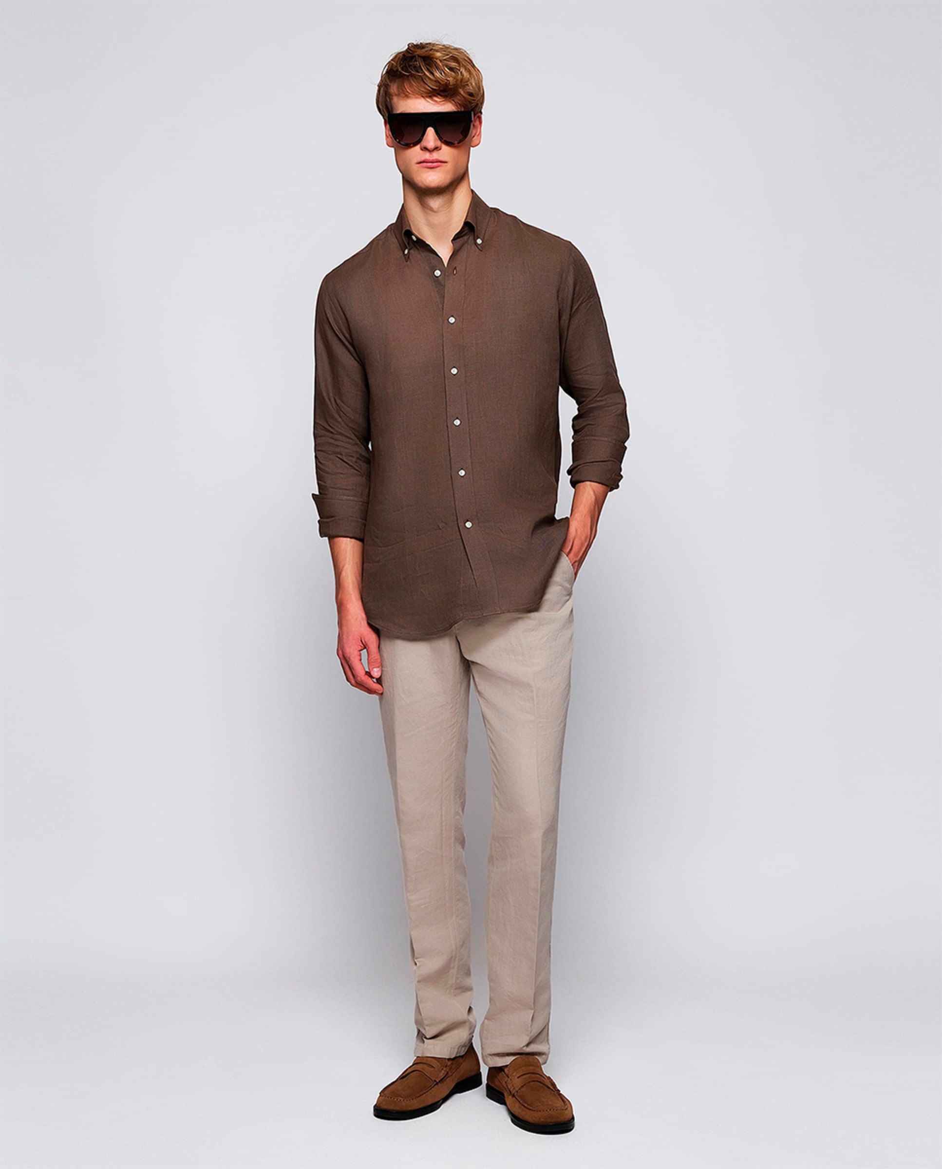 Camisa de hombre casual manga larga de lino Tallas Grandes - Mirto - Marrón Marrón-5