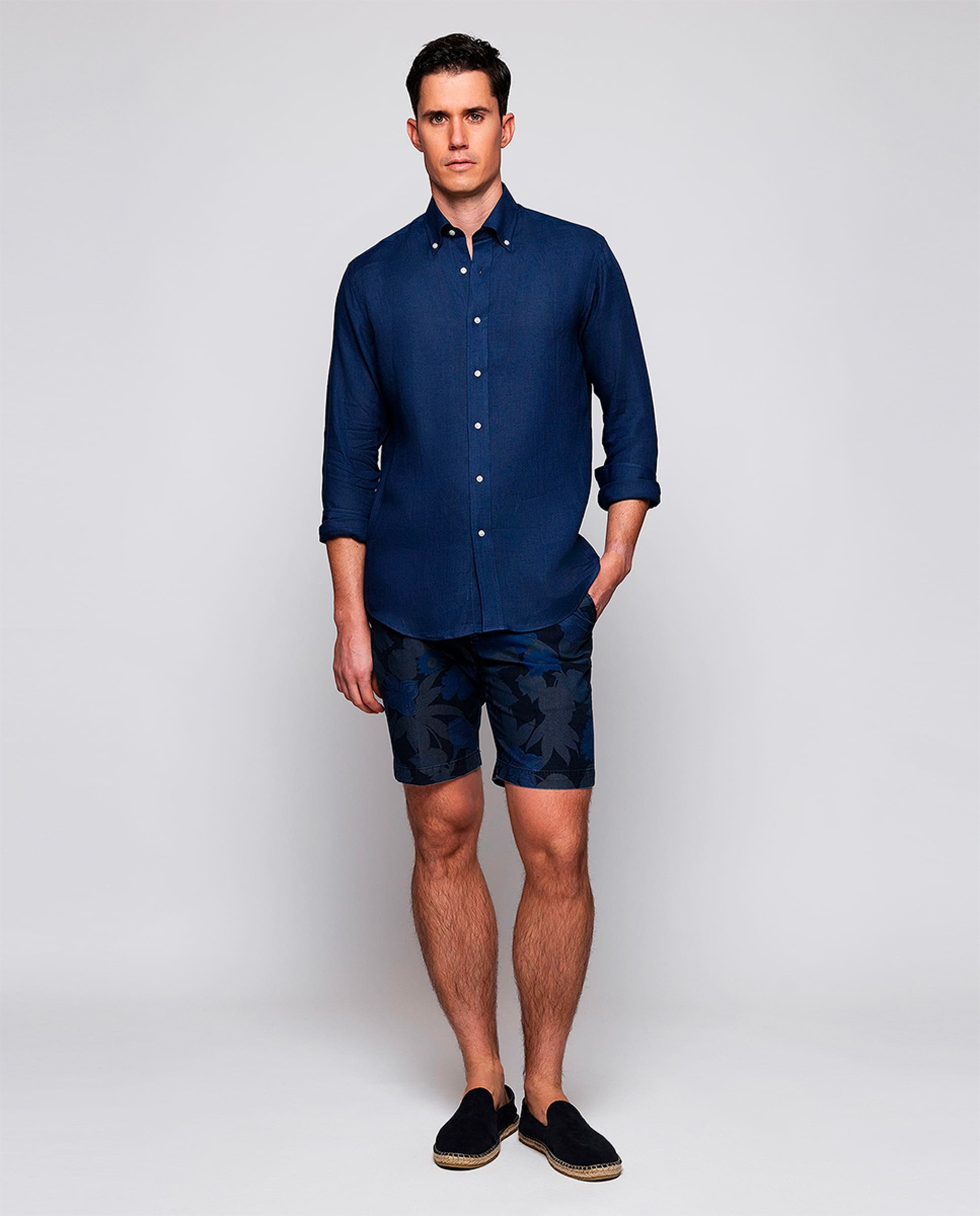 Camisa Casual de Linho com Manga Comprida Tamanhos Grandes Azul-marinho-5