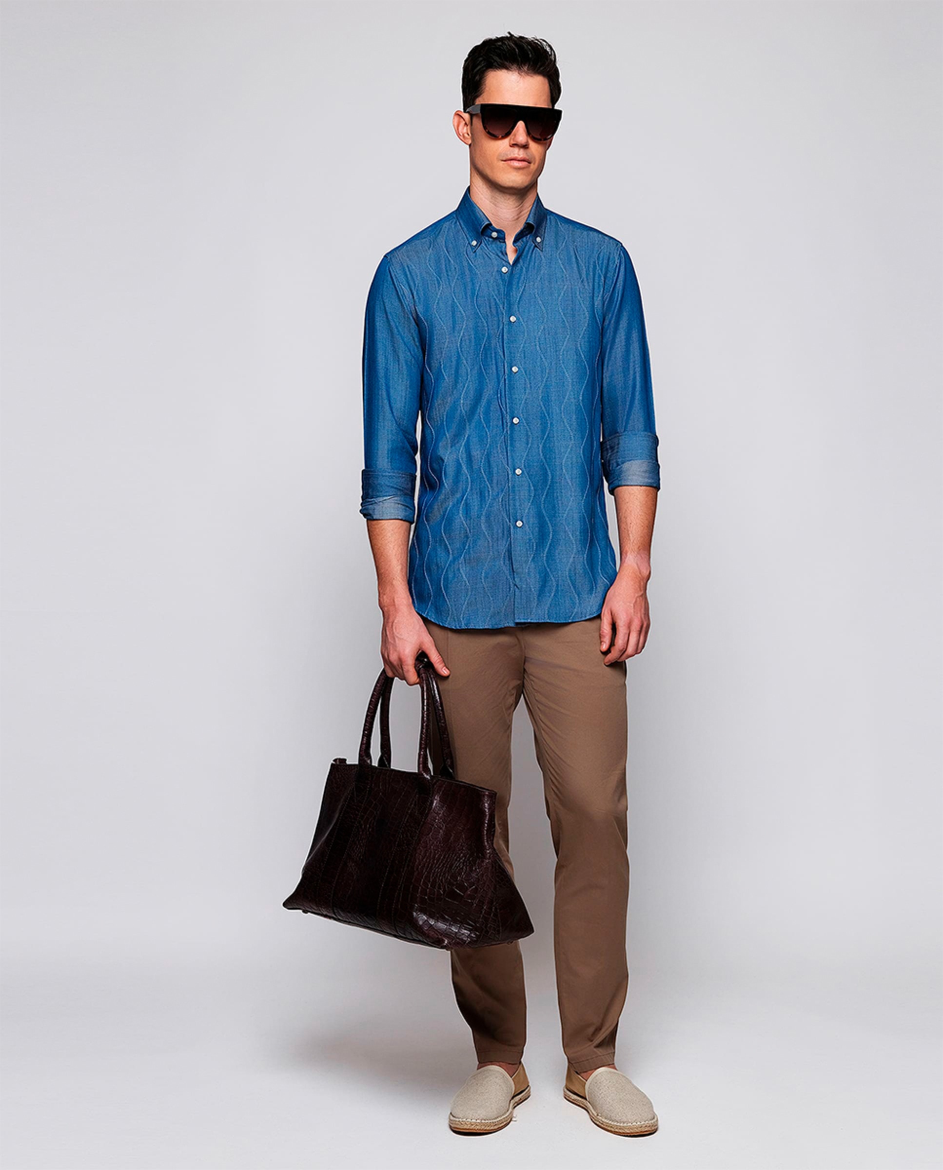 Camisa de Ganga com Manga Comprida e Bordado à Frente Tamanhos Grandes Azul-índigo-5