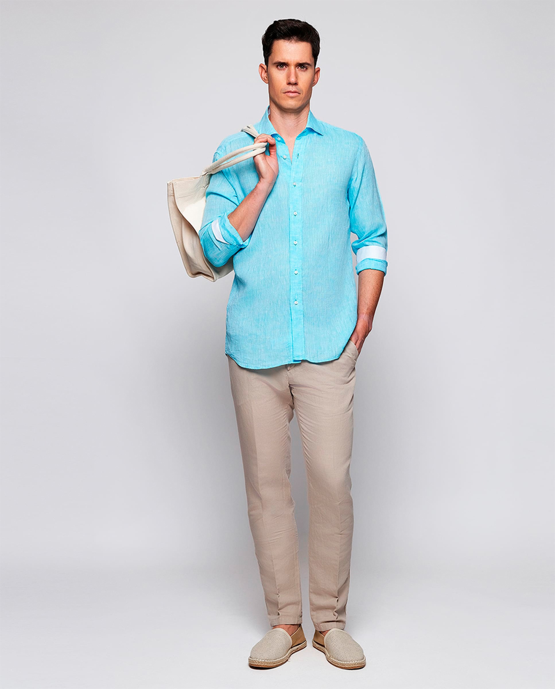 Camisa Casual de Linho com Manga Comprida Tamanhos Grandes Turquesa-5
