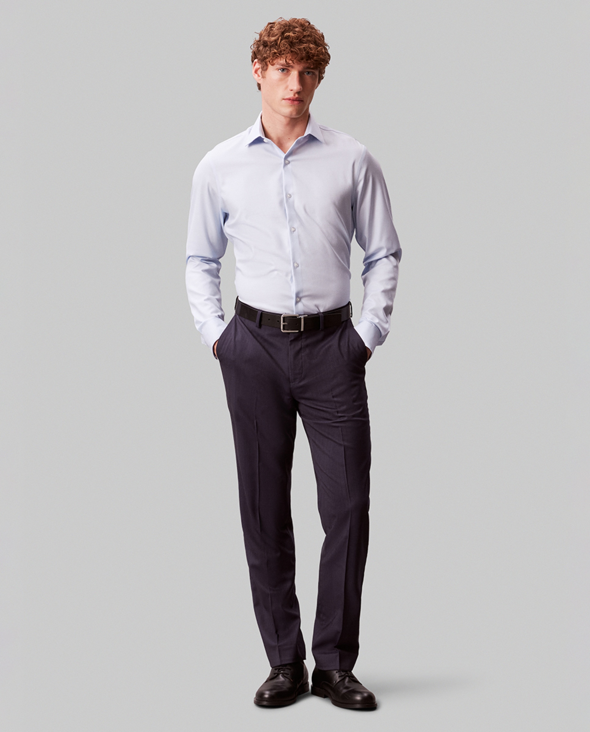Camisa Clássica de Gola Elástica Justa Azul-claro-5