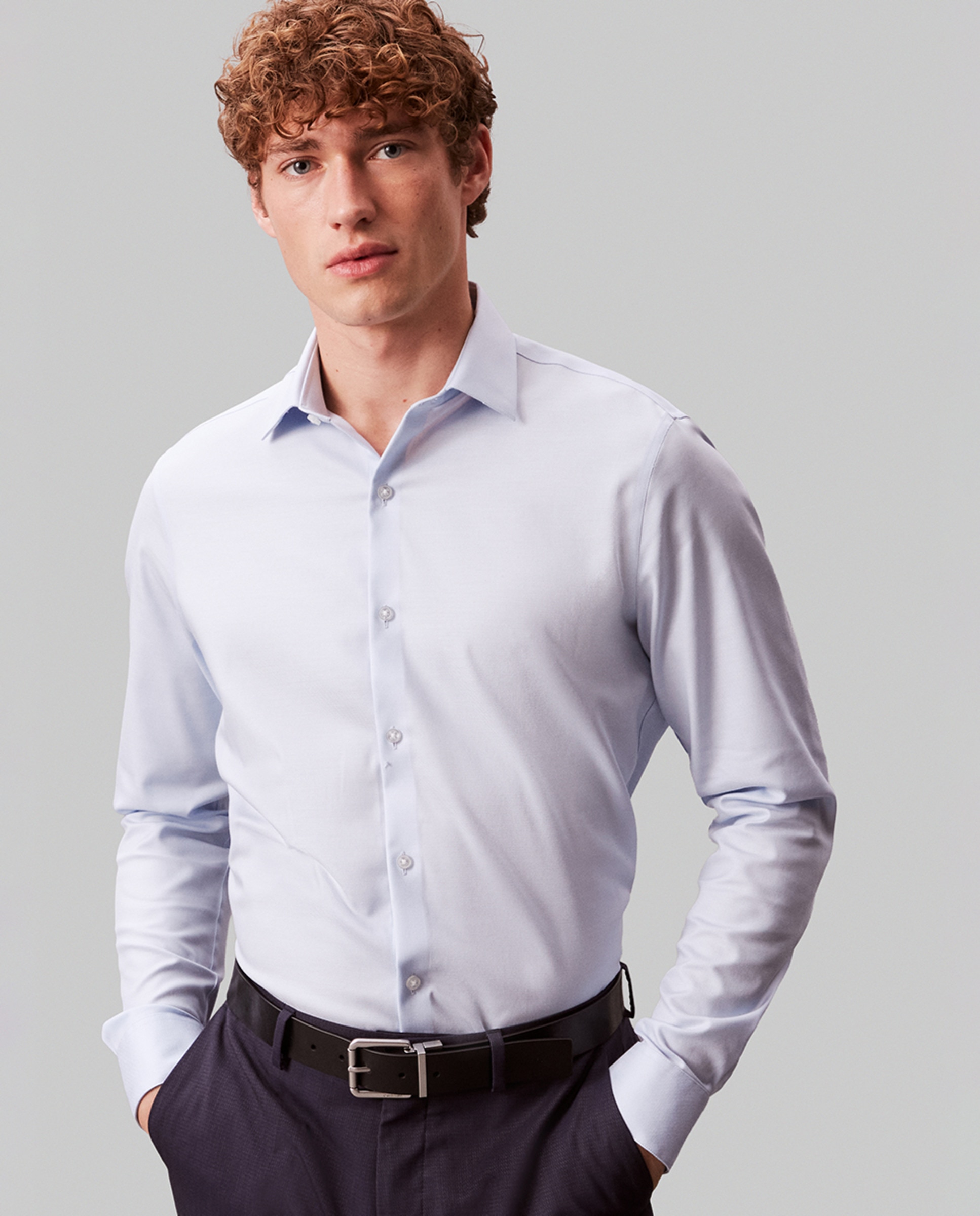 Camisa Clássica de Gola Elástica Justa Azul-claro-2