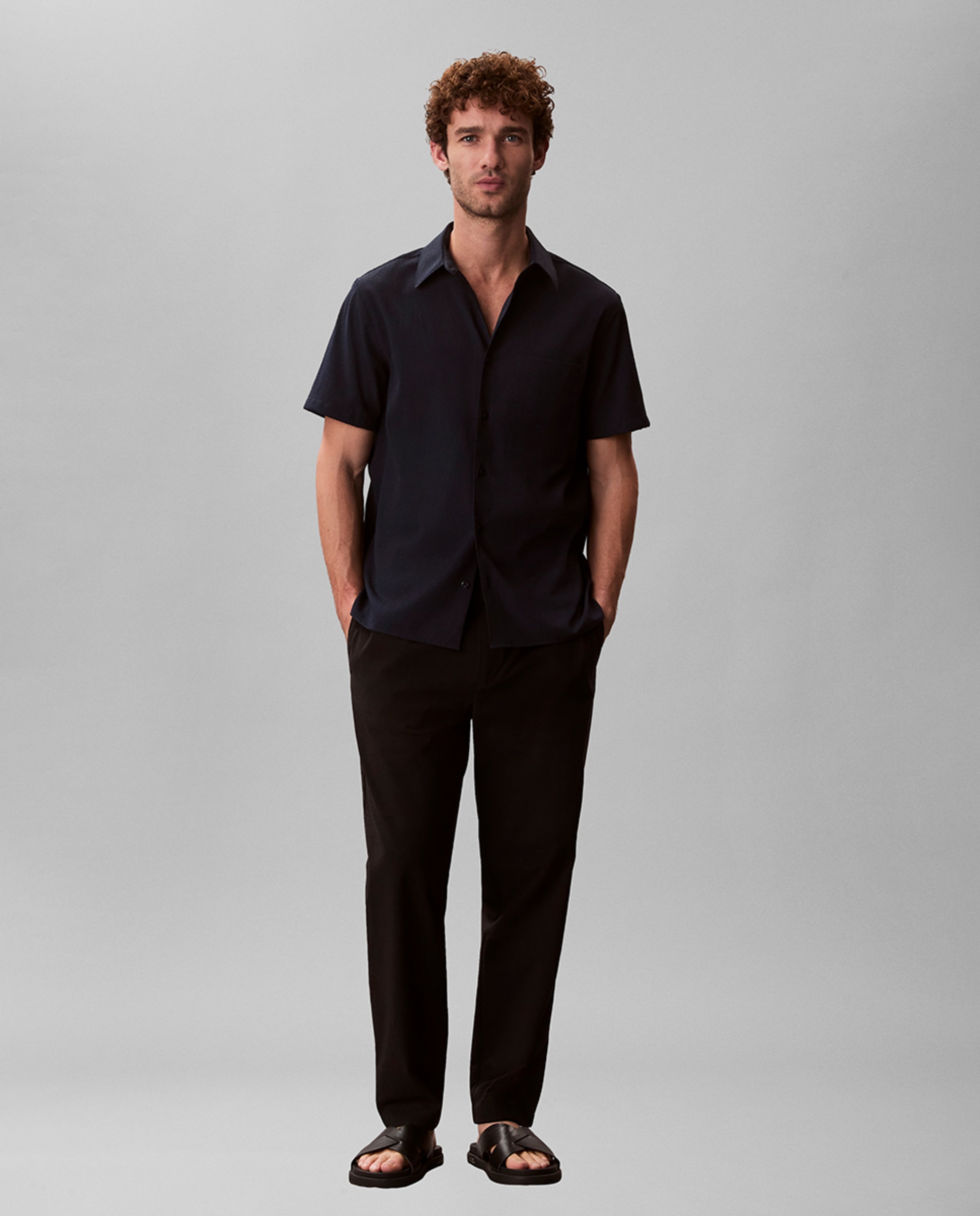 Camisa Clássica de Seersucker com Manga Curta Azul-marinho-5