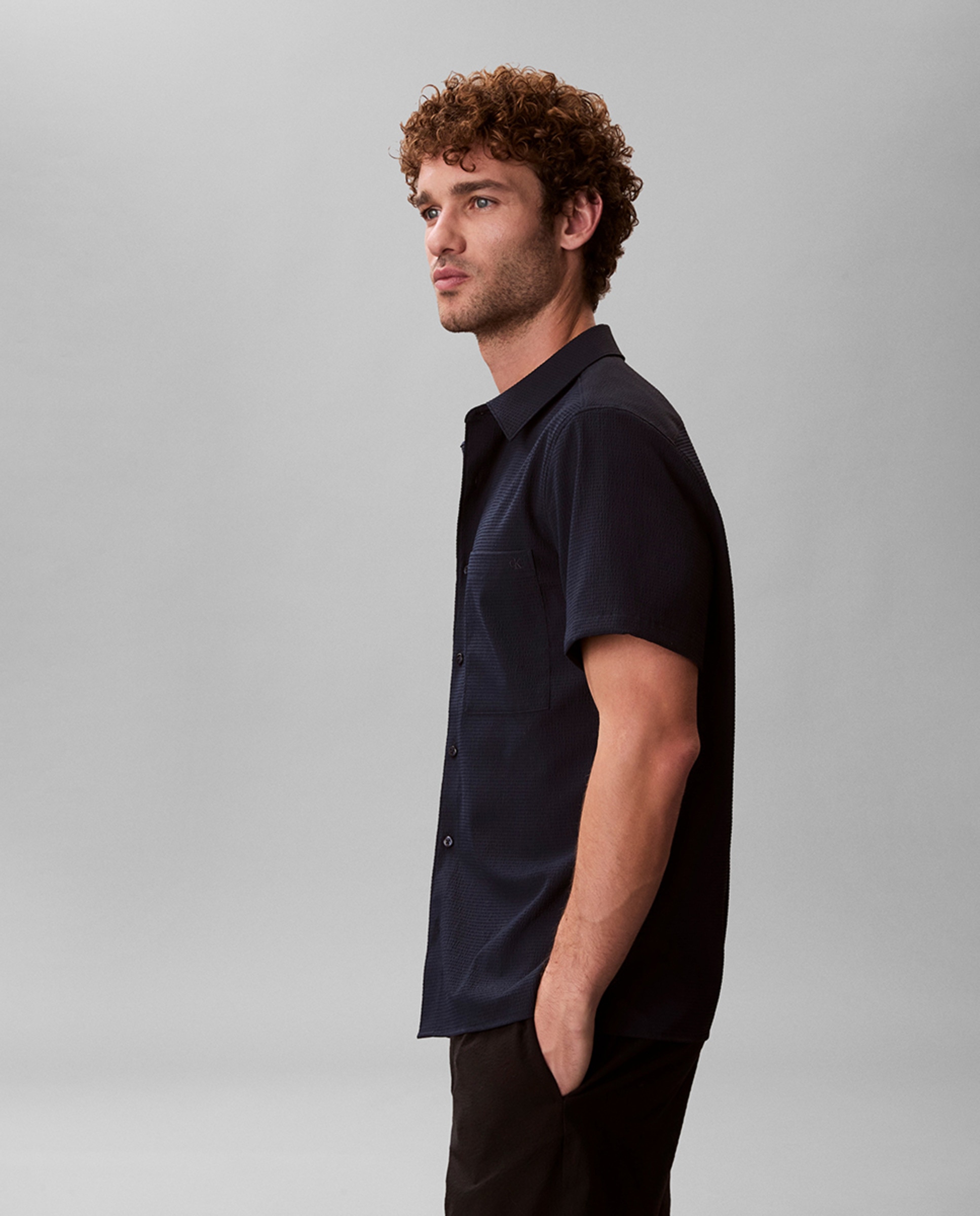 Camisa Clássica de Seersucker com Manga Curta Azul-marinho-3