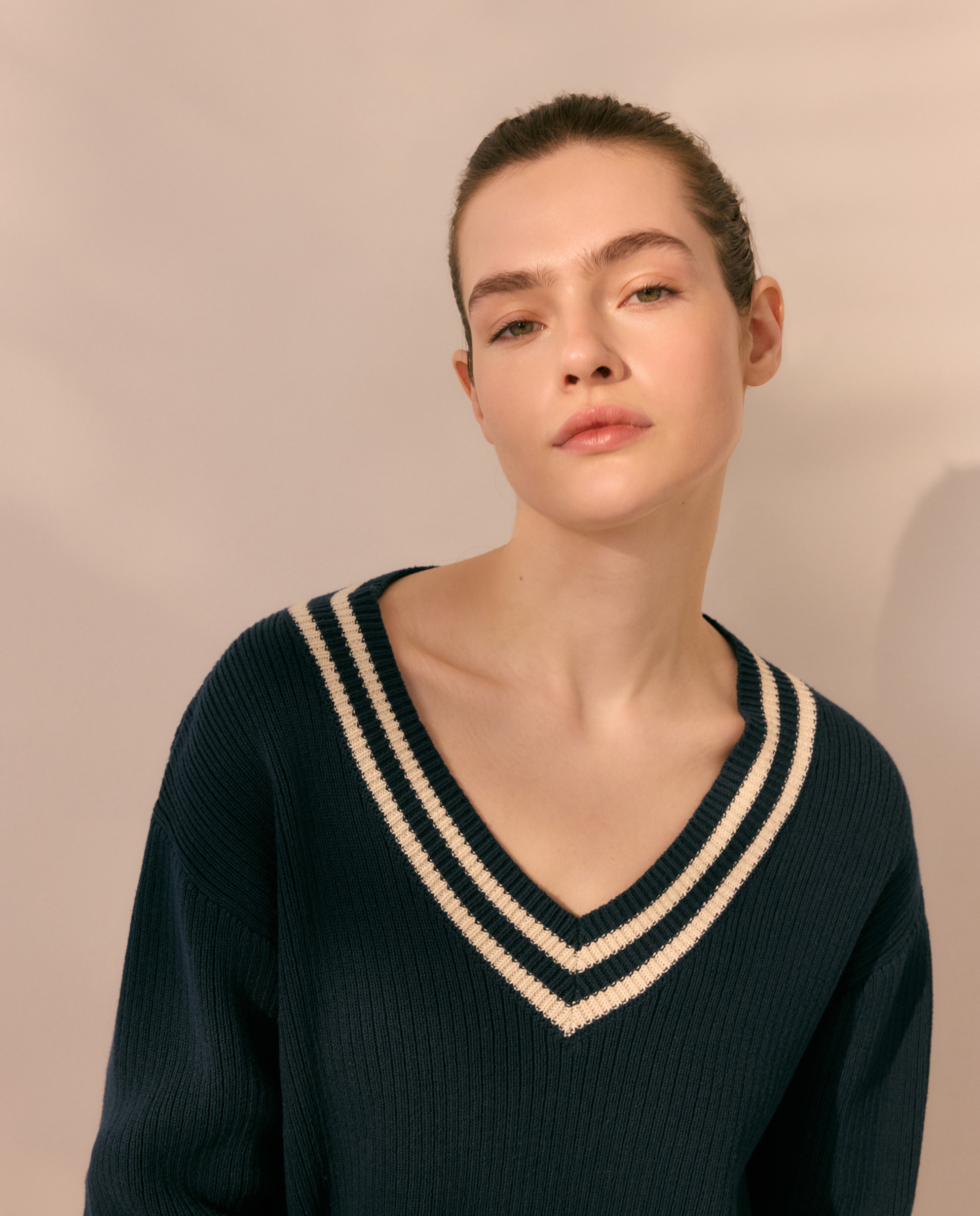 Camisola de Malha de Algodão Lisa Azul-marinho-4