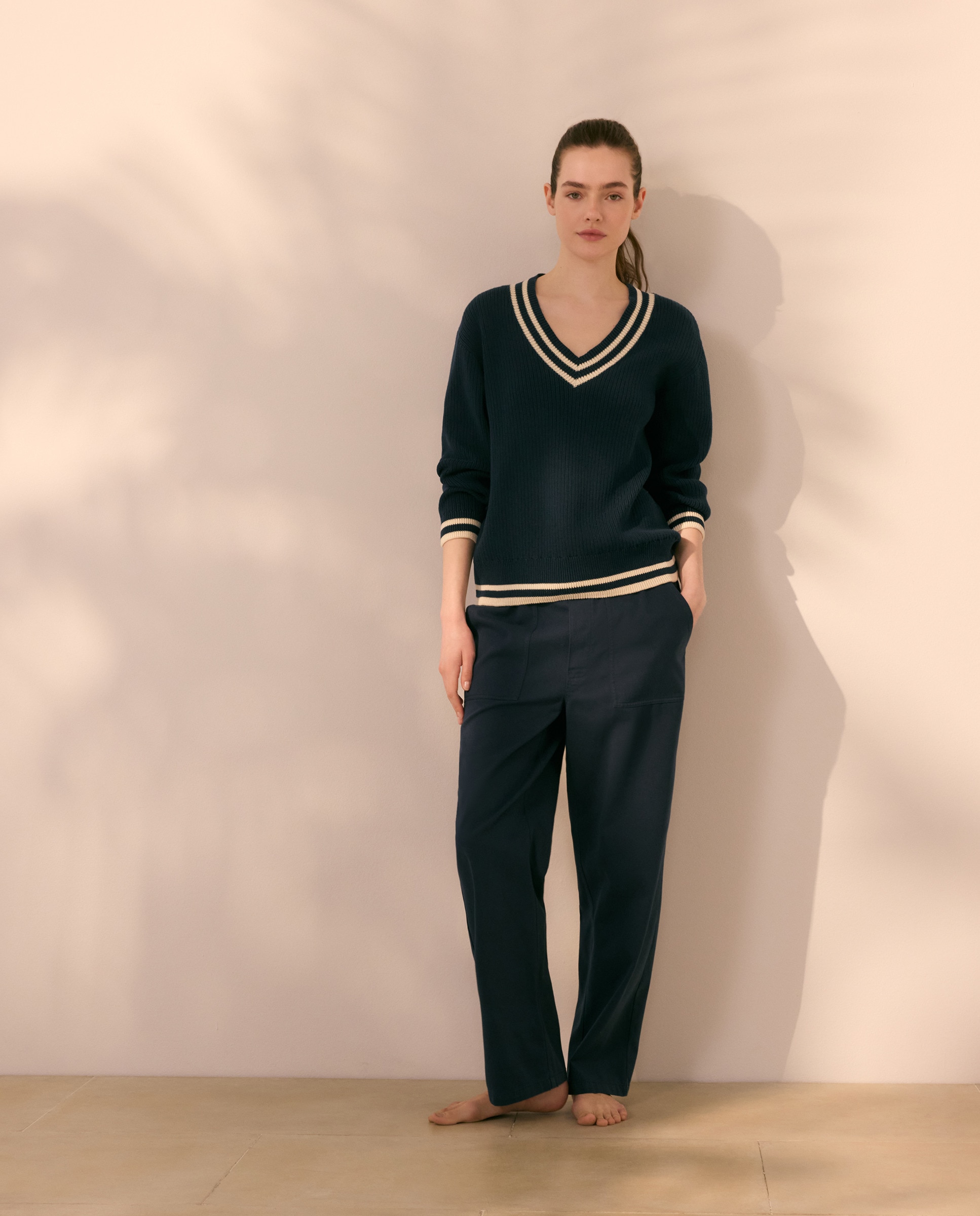 Camisola de Malha de Algodão Lisa Azul-marinho-2