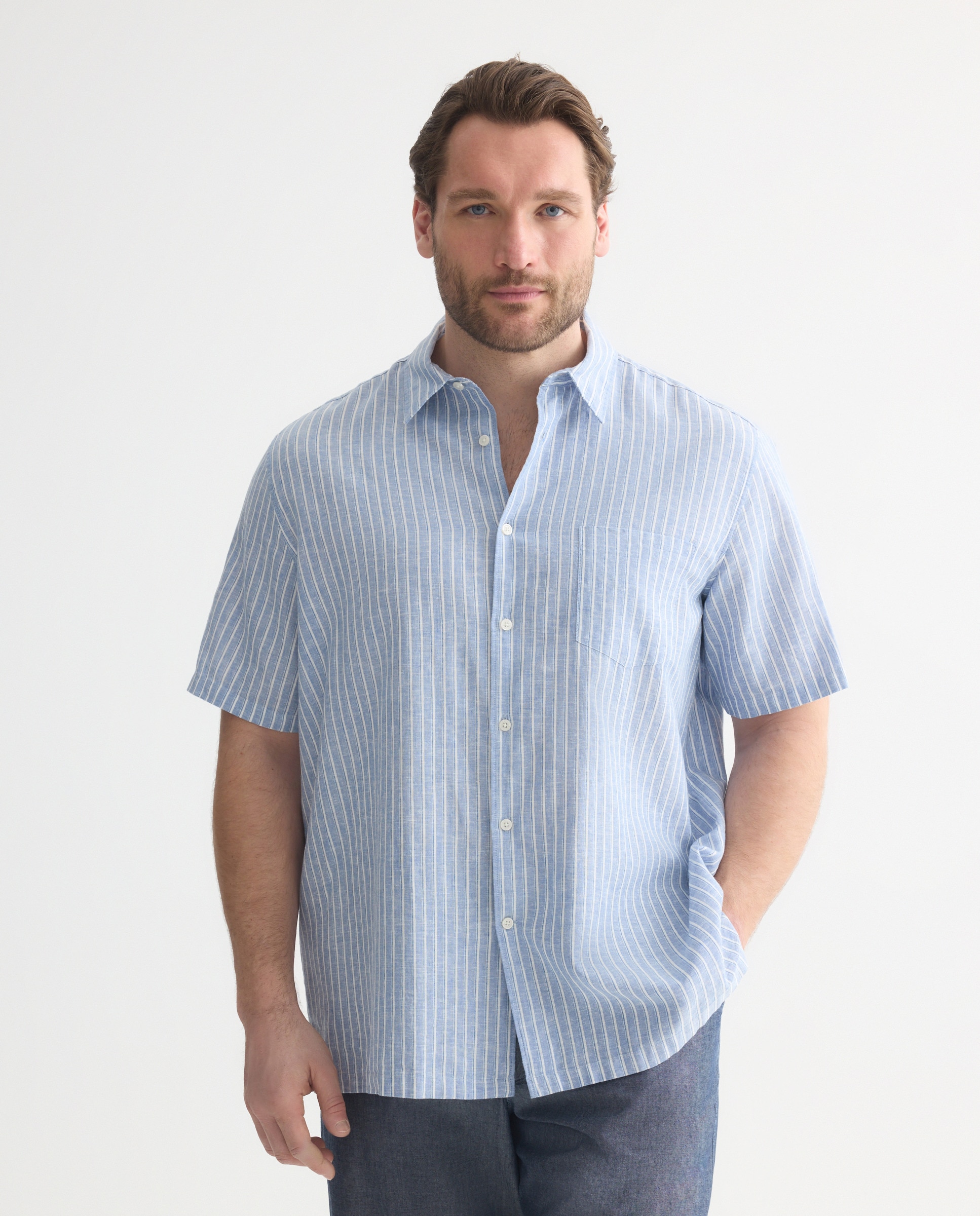 Imagem 0 de Camisa de Manga Curta Regular Fit em Linho e Algodão Multirriscas