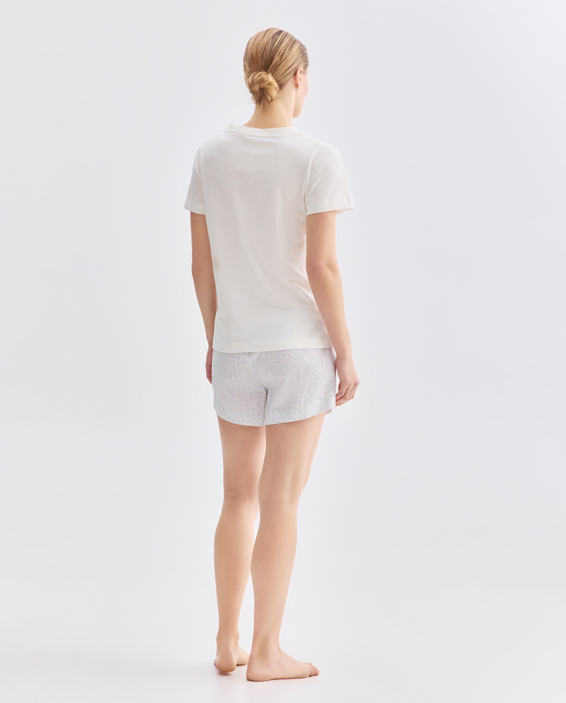 Pijama mujer corto algodón estampado Blanco roto-2