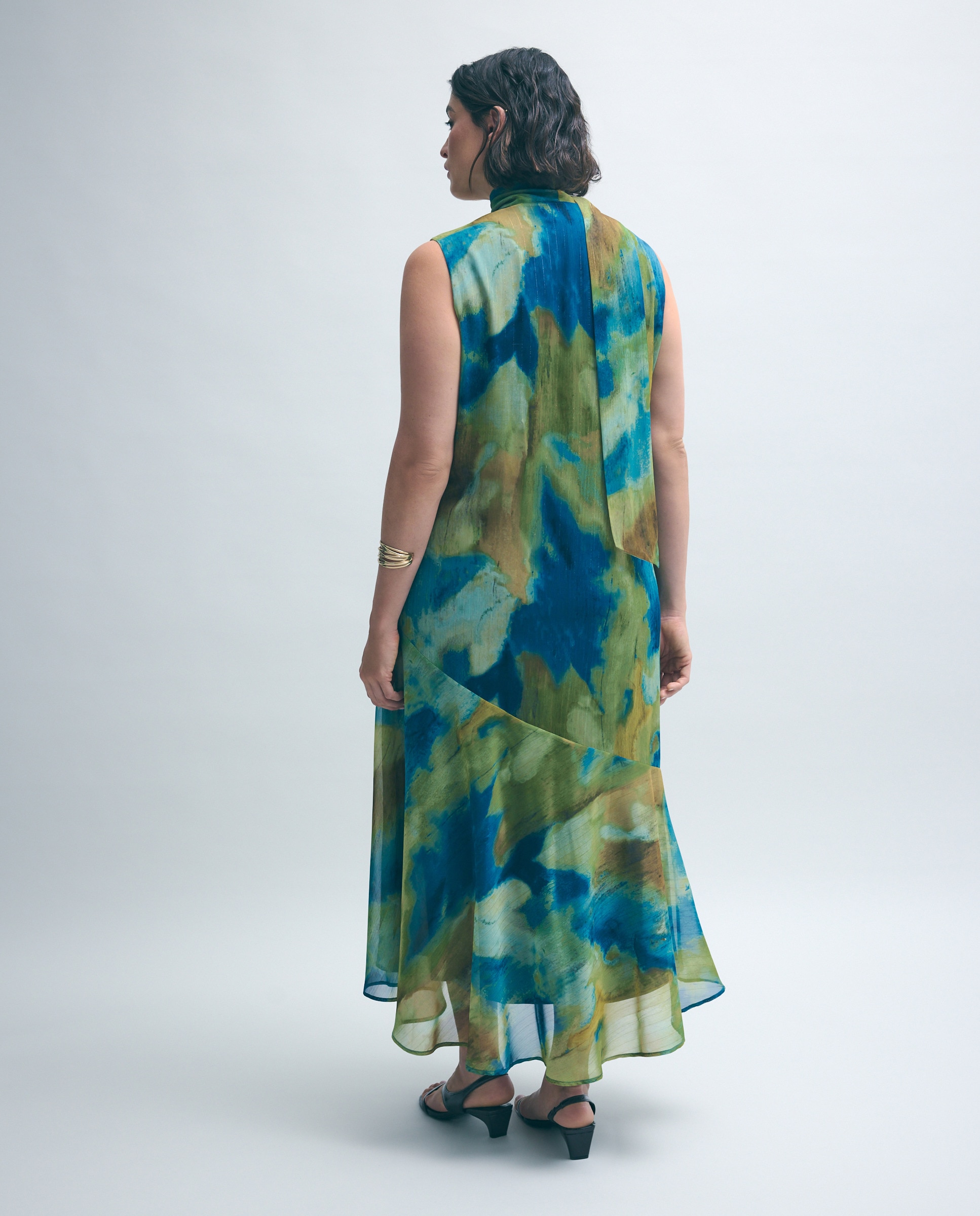 Vestido Halter de Chiffon sem Mangas e com Estampado Abstrato Verde-4