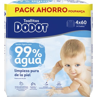 toallitas húmedas infantiles loción ligera con 99% agua 0% alcohol y perfume envase con 4 paquetes de 60 unidades - Dodot