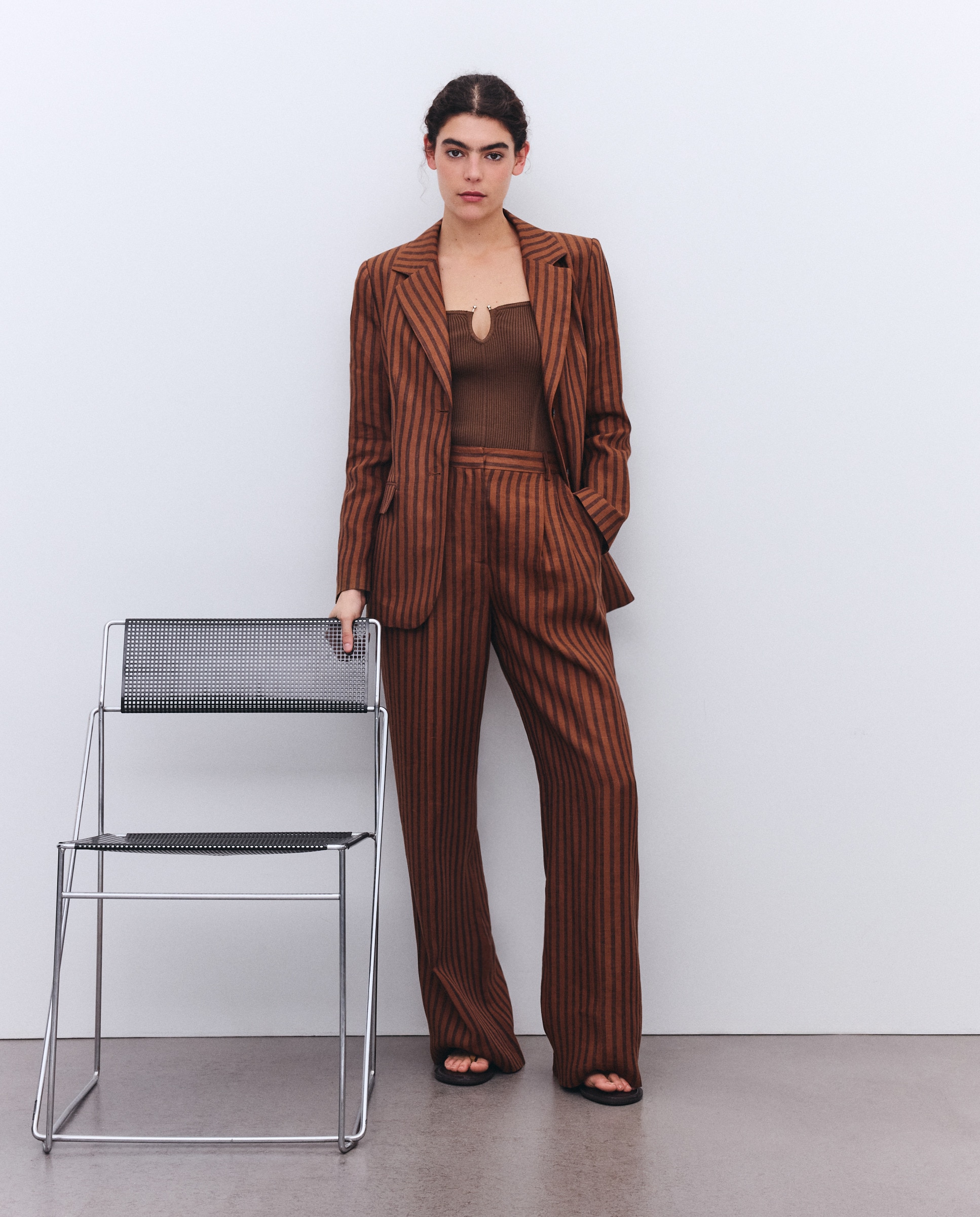 Blazer de Linho às Riscas 740 Tabaco-3