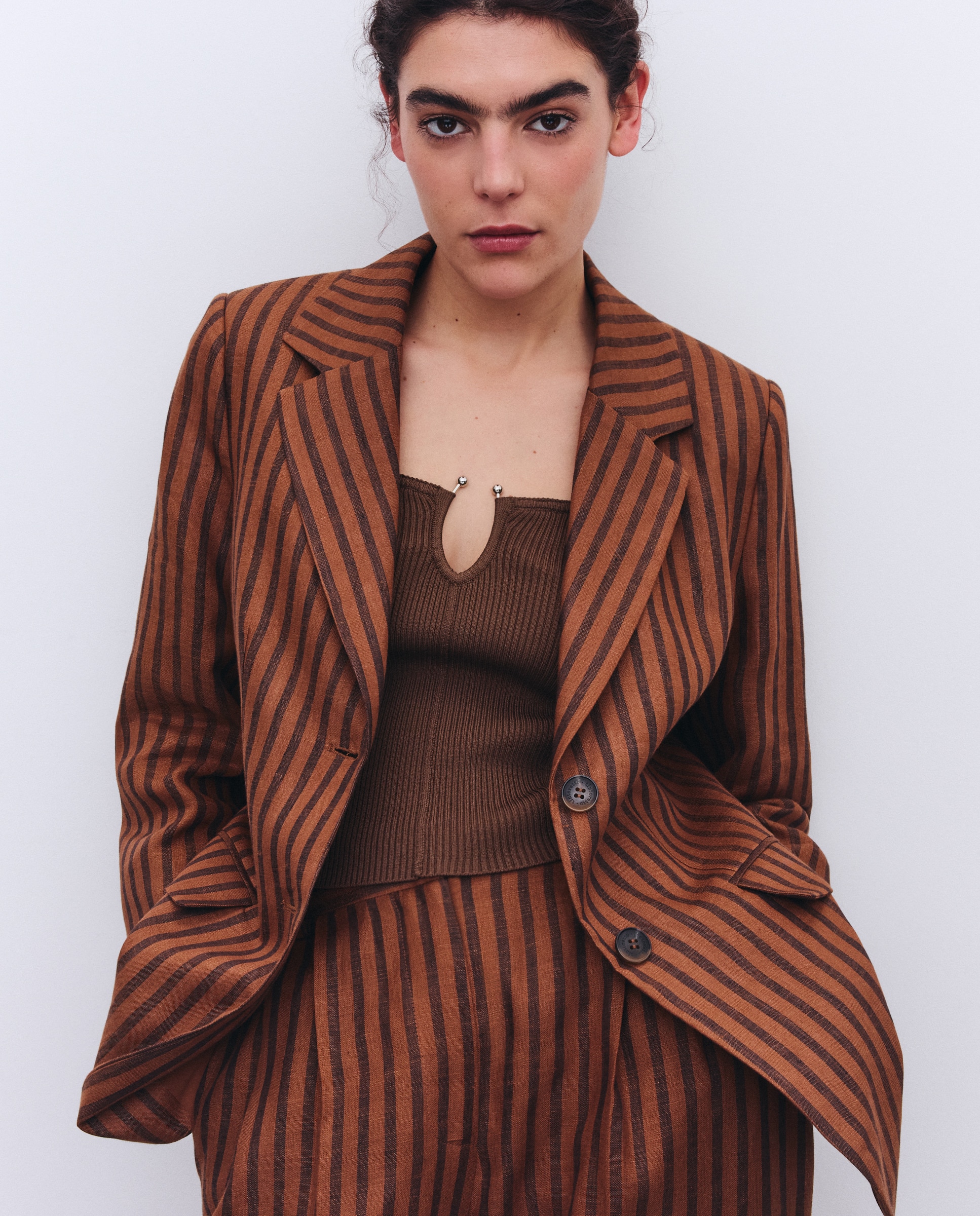 Blazer de Linho às Riscas 740 Tabaco-1