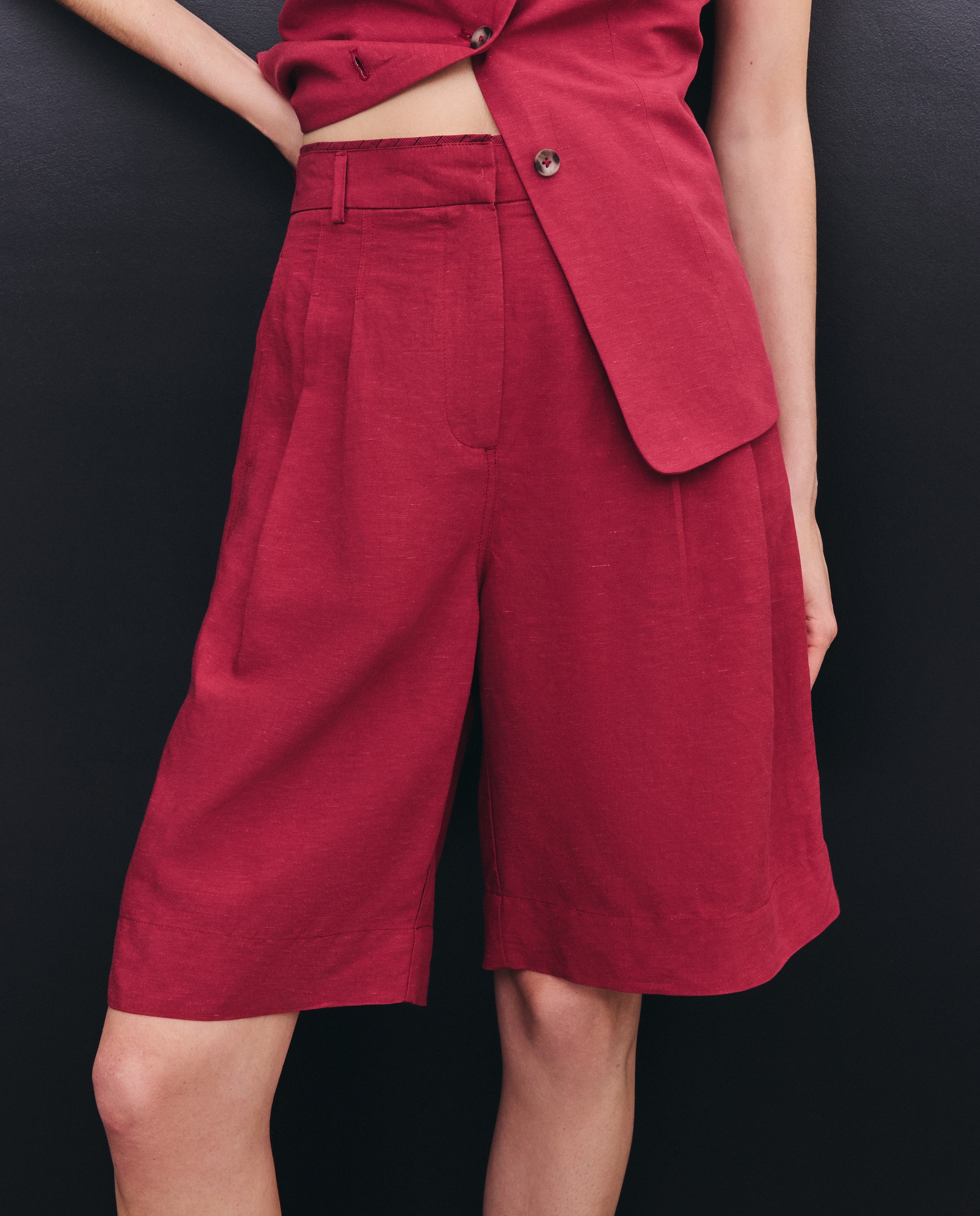 Bermudas de linho com molas Ameixa-2