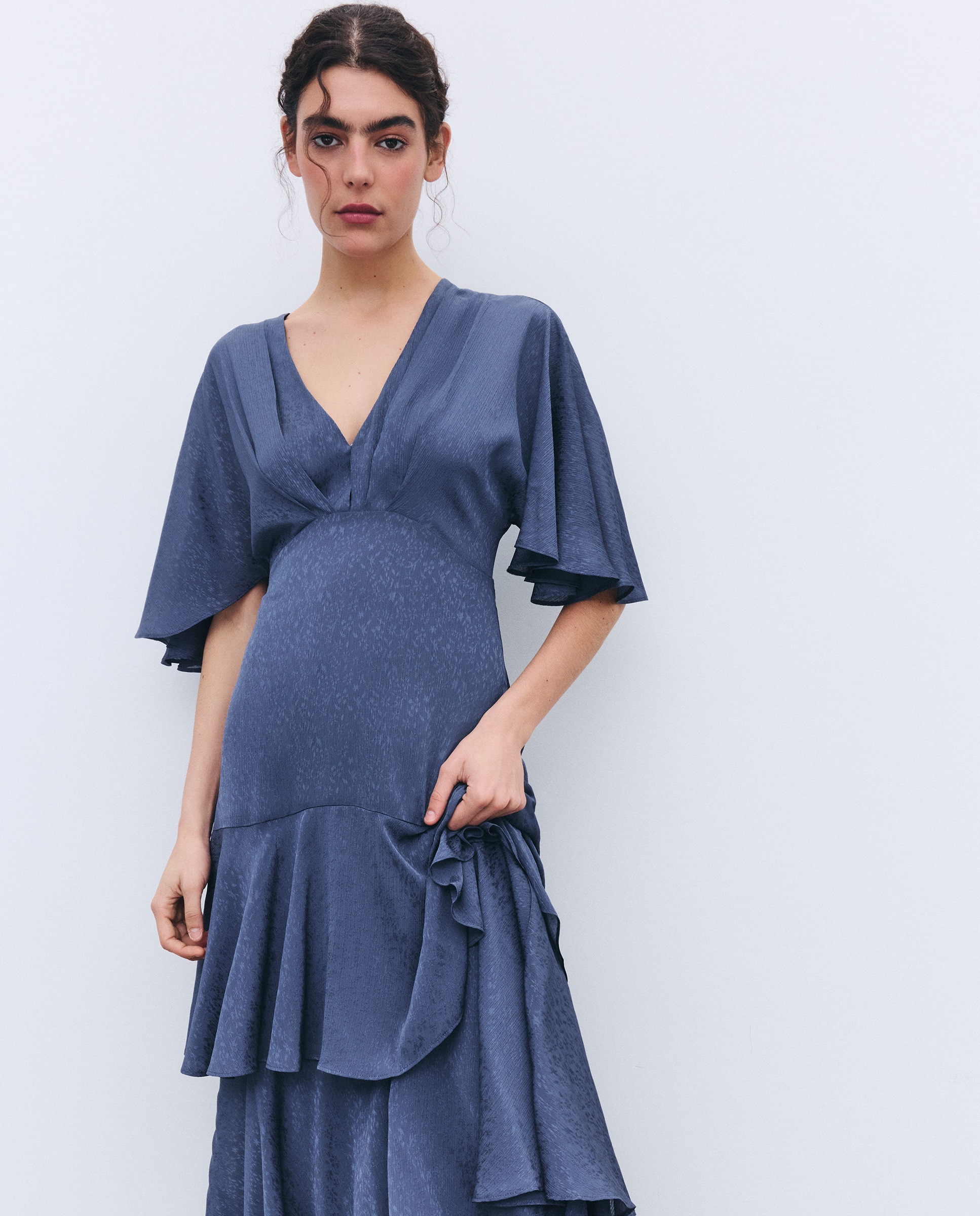 Vestido Jacquard com Manga Curta e Folhos 471 Índigo-2