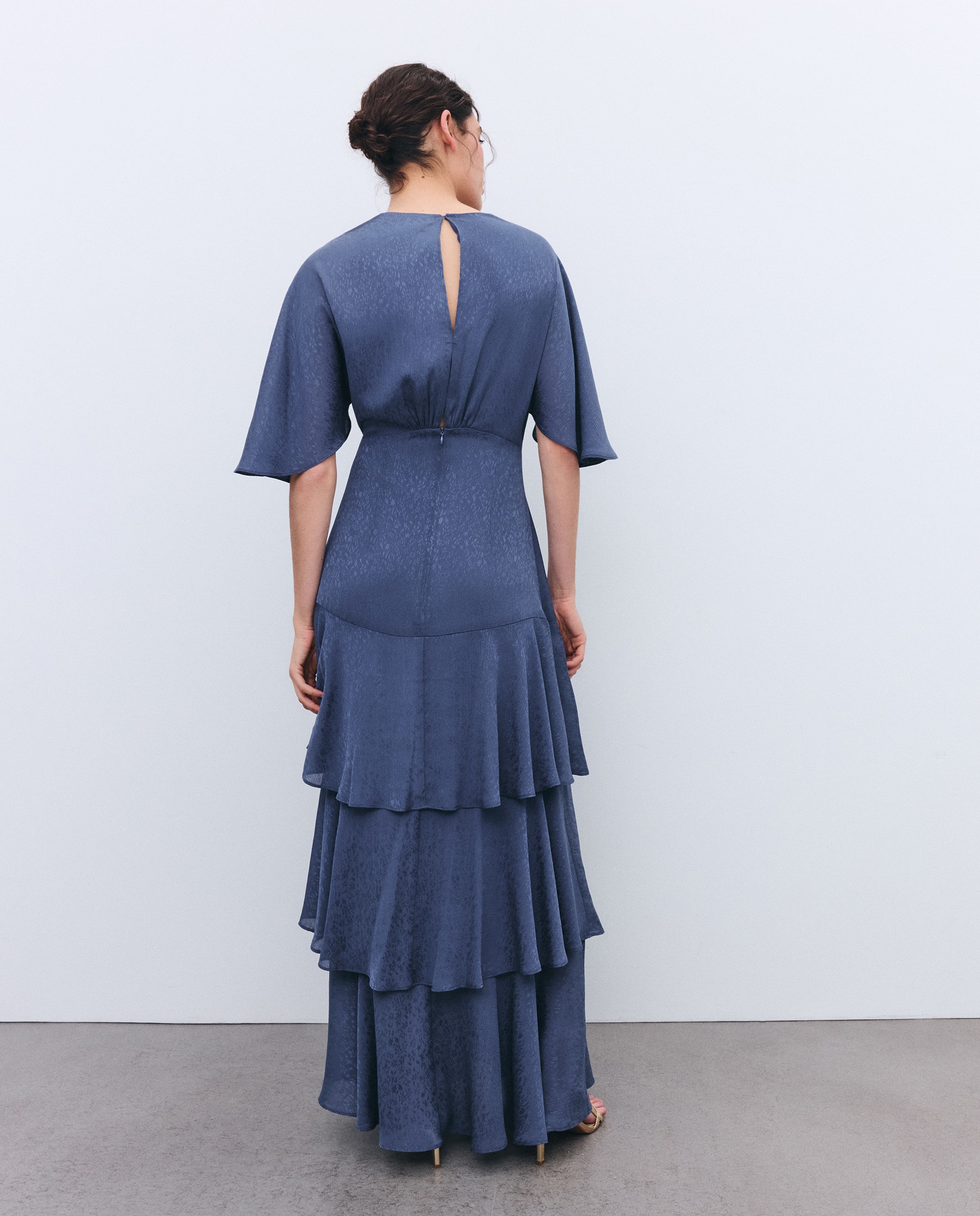 Vestido Jacquard com Manga Curta e Folhos 471 Índigo-3