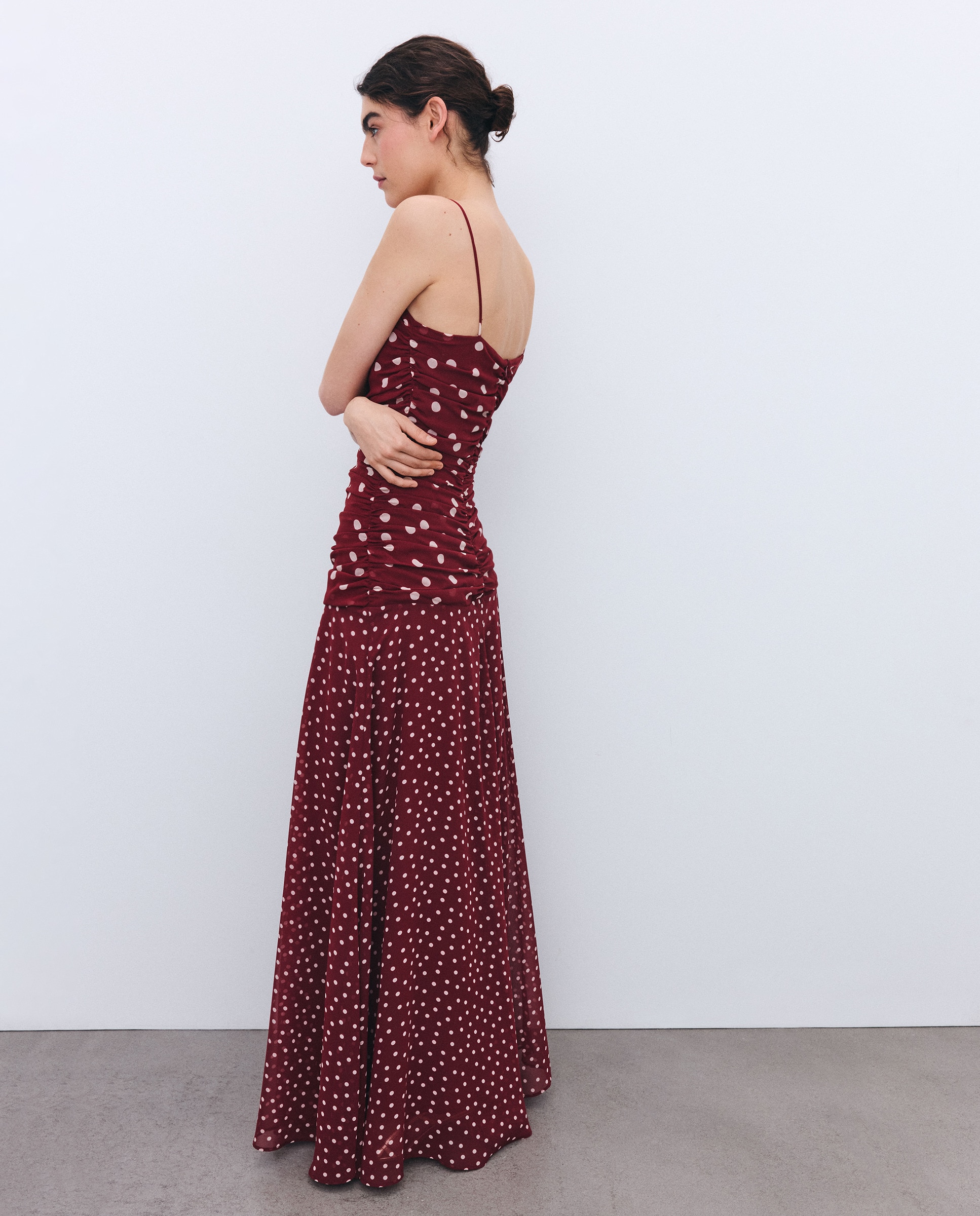 Vestido de Alças Drapeado com Cintura Baixa Bordeaux-4