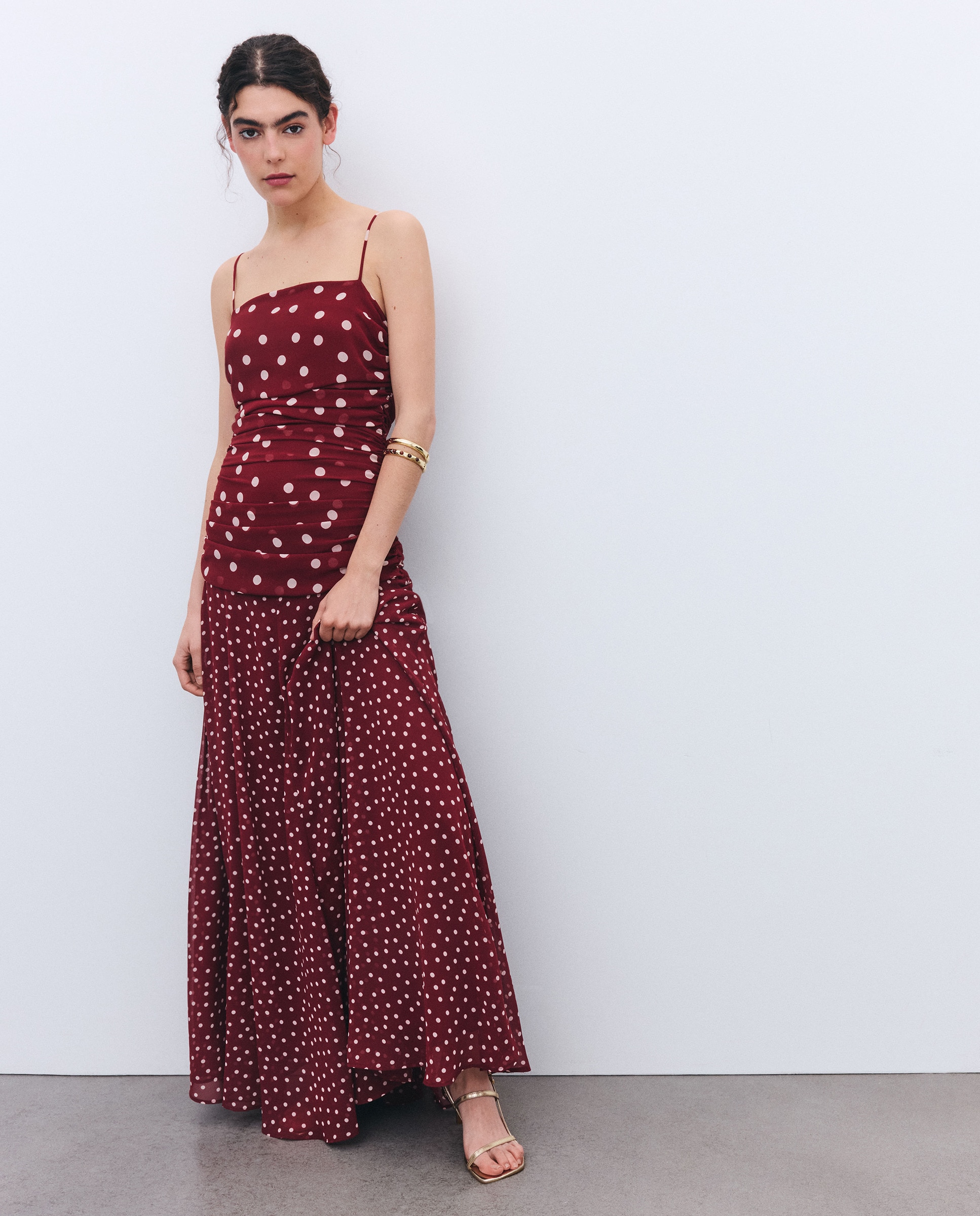 Vestido de Alças Drapeado com Cintura Baixa Bordeaux-3