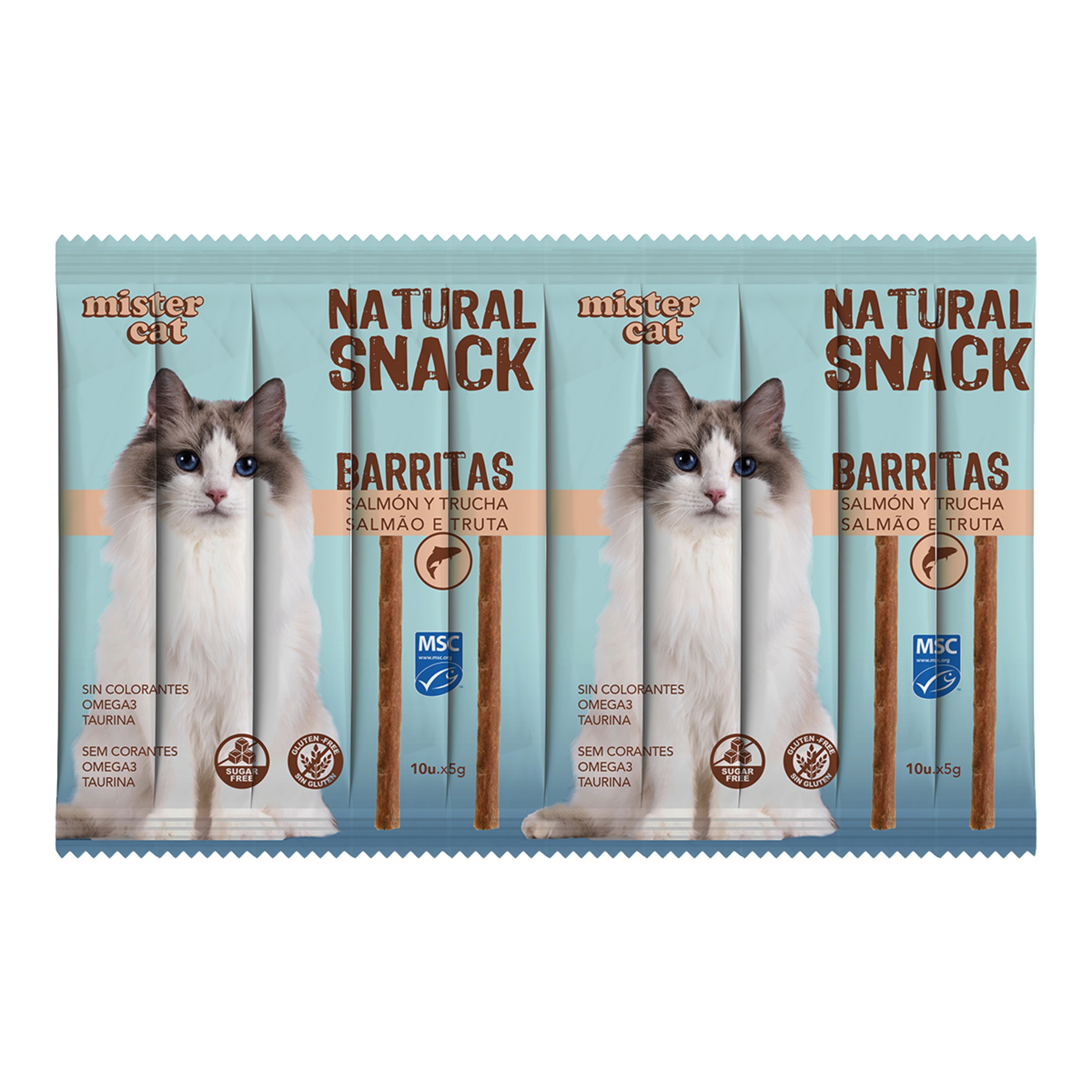 Imagen 0 de Snack para gatos Mister Cat salmón y trucha 10 x 5 g