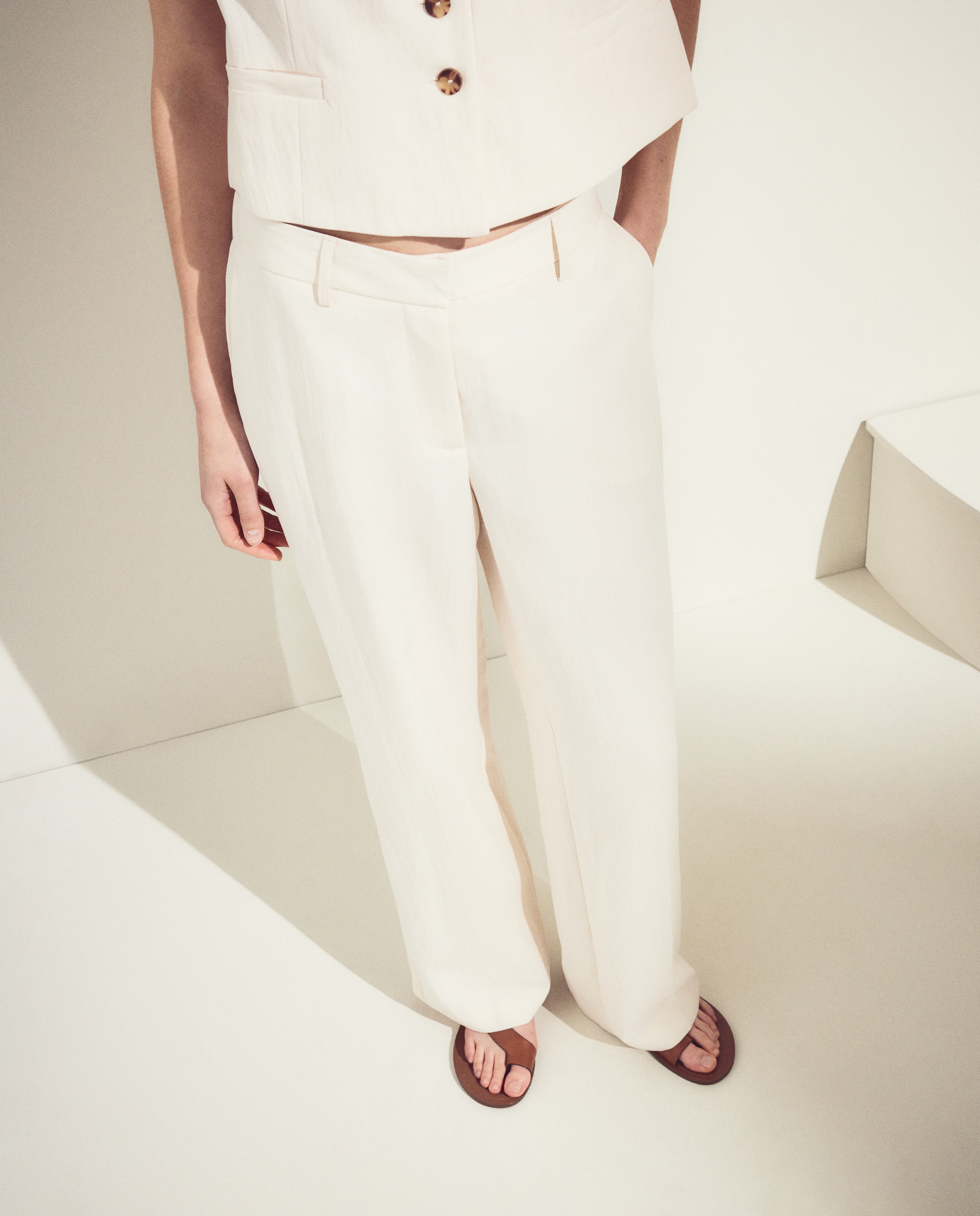 Calças Largas Lisas de Crinkle 120 Cru-2