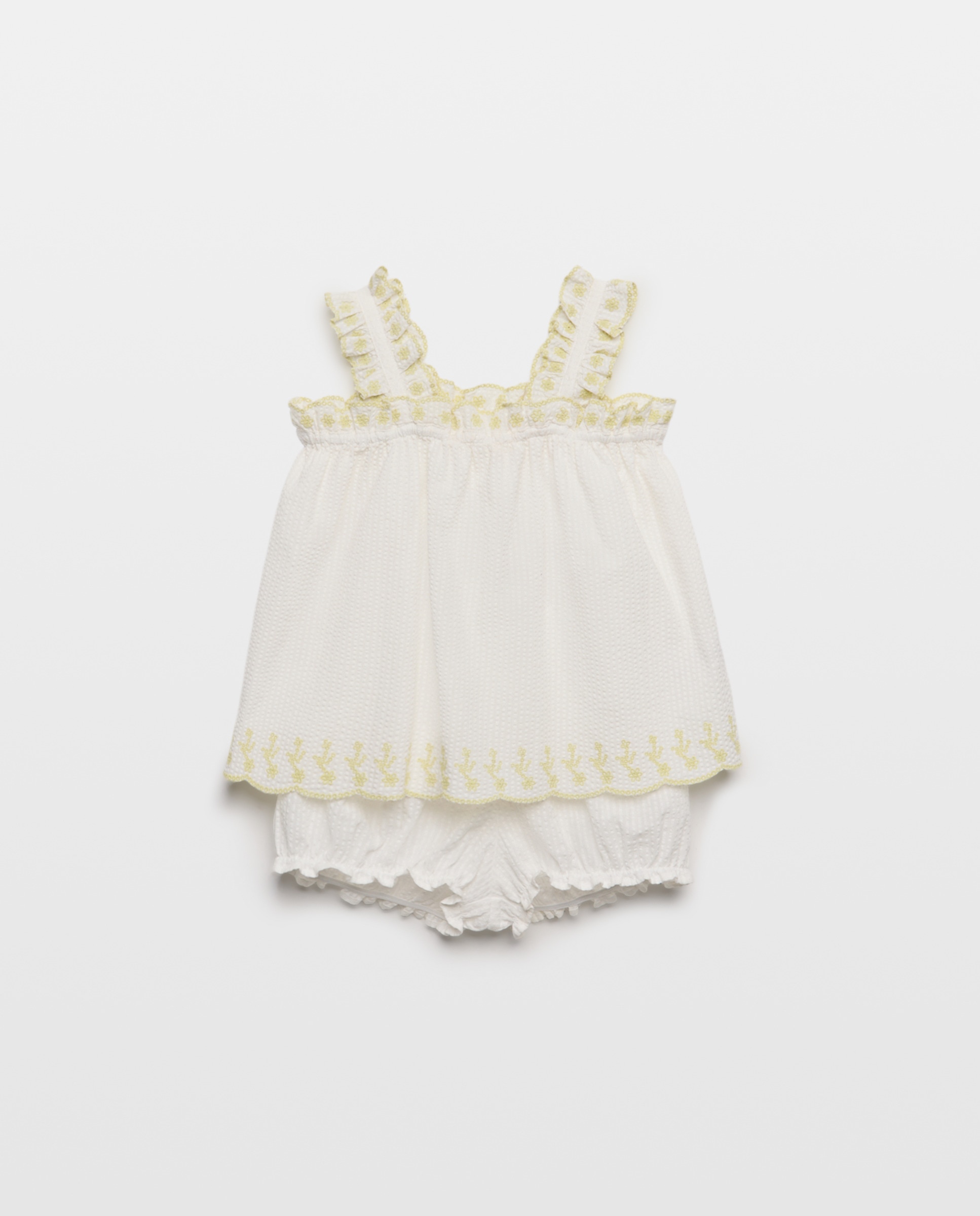 Pijama Curto de Alças com Bordados Cor de Lima Branco-4