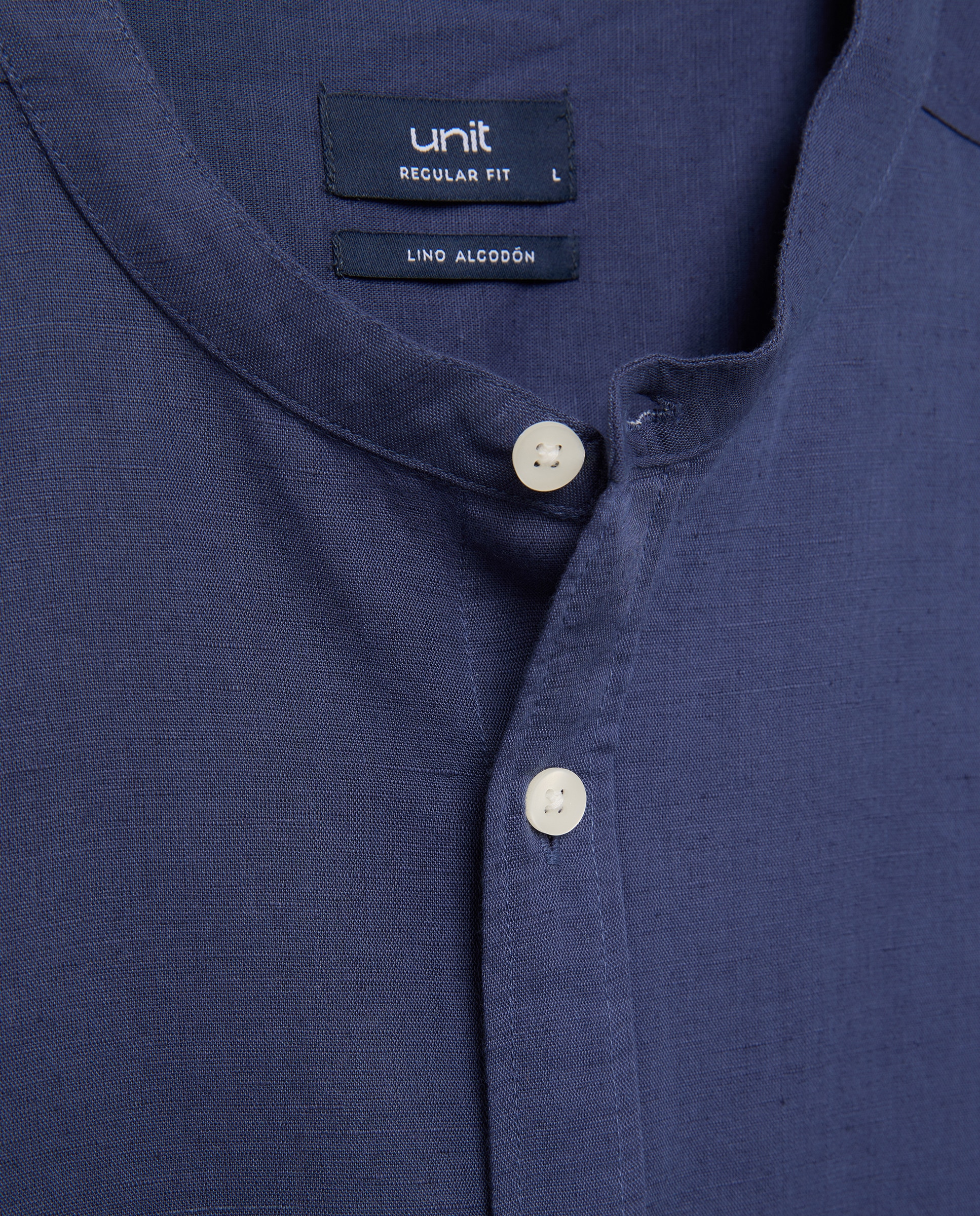 Camisa sport manga corta hombre con lino cuello mao Azul marino-5