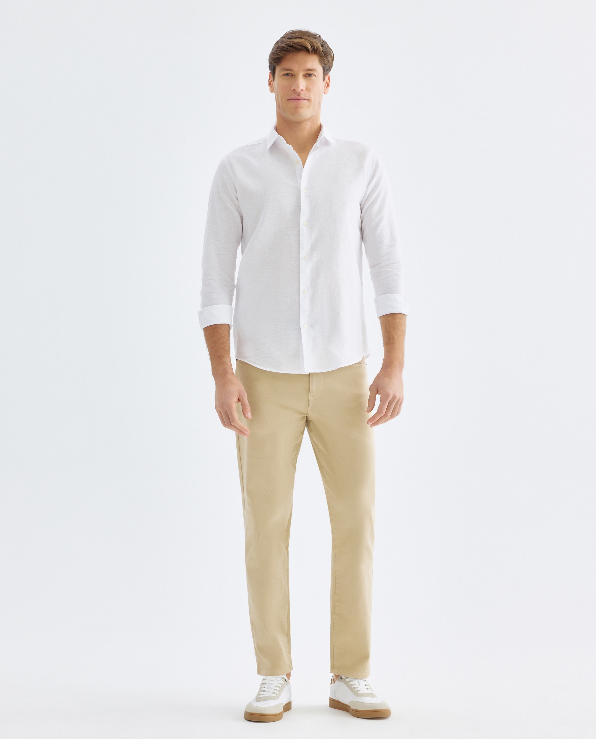Camisa sport hombre lino y algodón lisa Blanco-2
