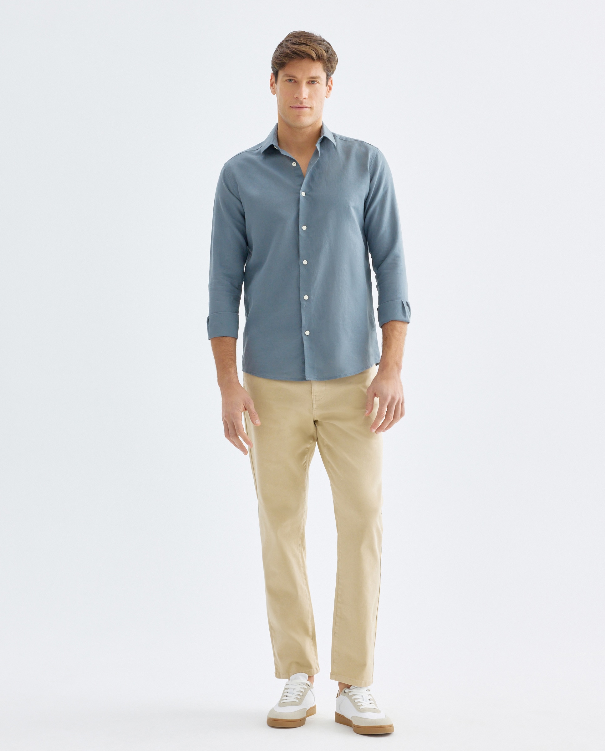 Camisa sport hombre lino y algodón lisa 400 Azul-2