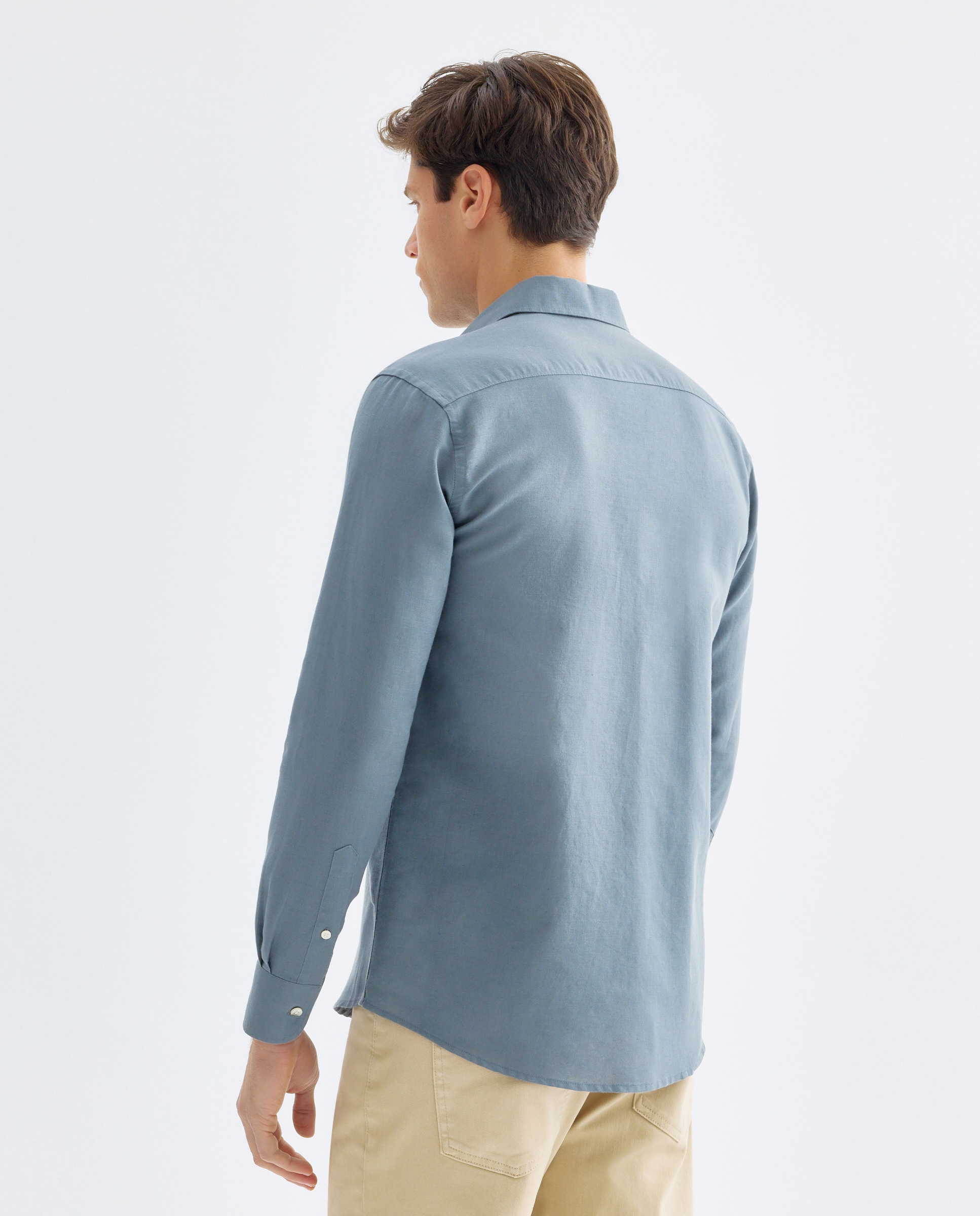 Camisa sport hombre lino y algodón lisa 400 Azul-3